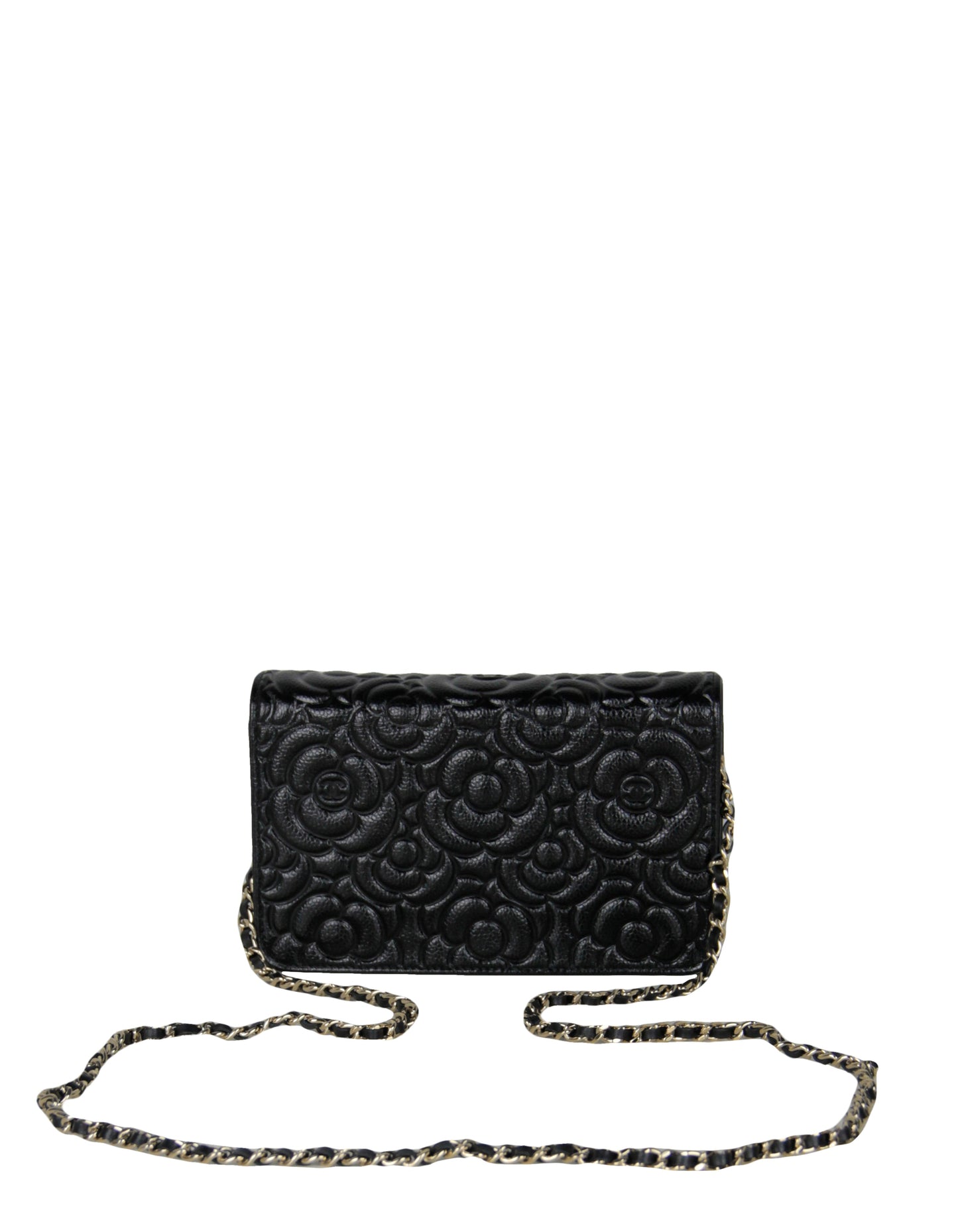 Chanel Black Caviar Camellia Wallet on Chain WOC Crossbody Bag