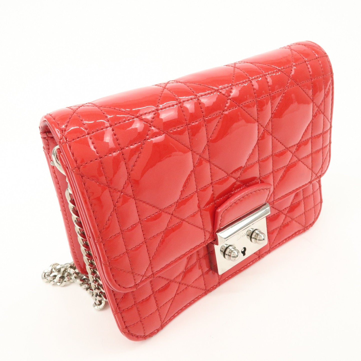 Christian Dior Cannage Patent Leather Chain Shoulder Bag Cow Red