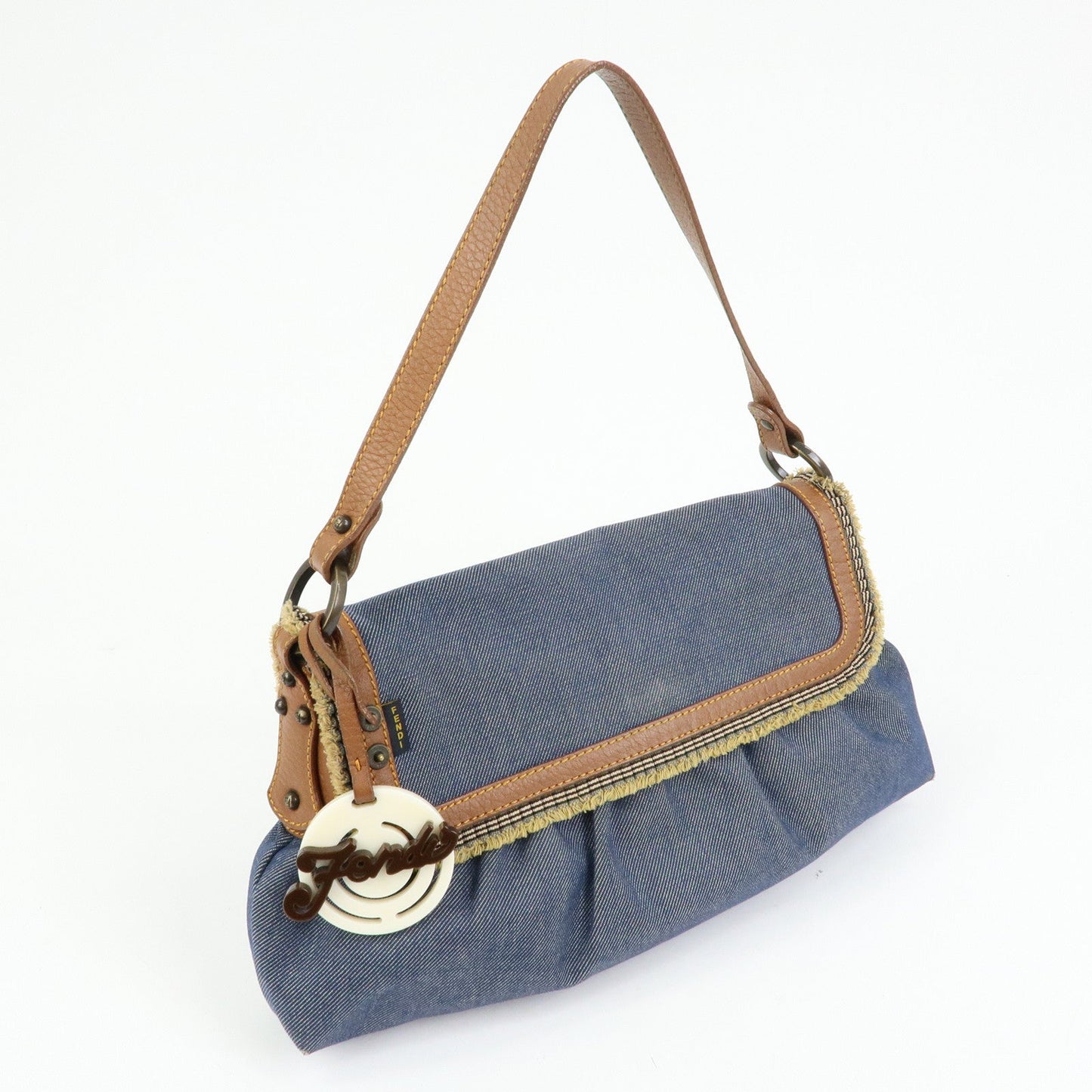 FENDI Denim Leather Shoulder Bag Hand Bag Indigo Brown 8BR445