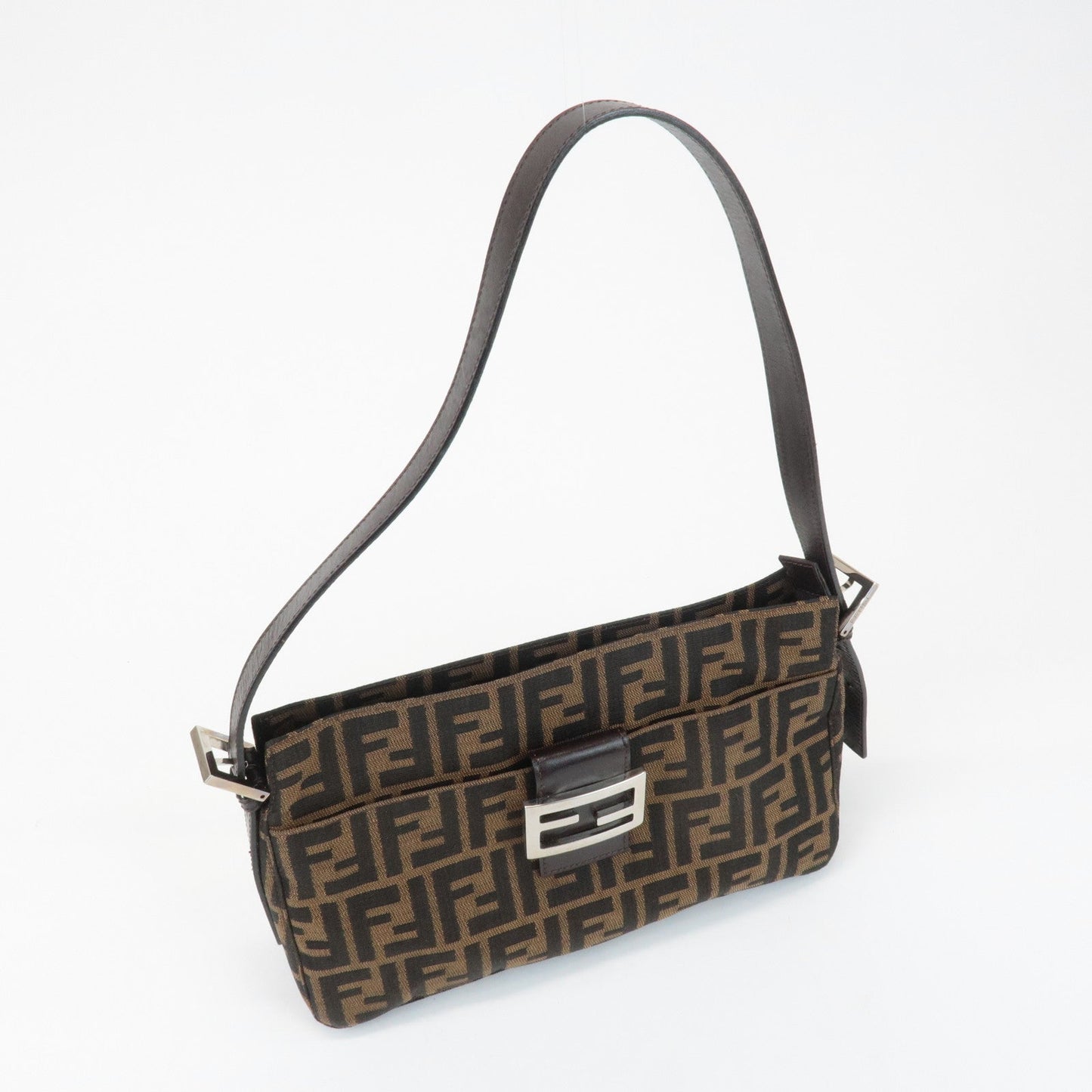 FENDI Zucca Canvas Leather Semi Shoulder Bag Black Brown 26566