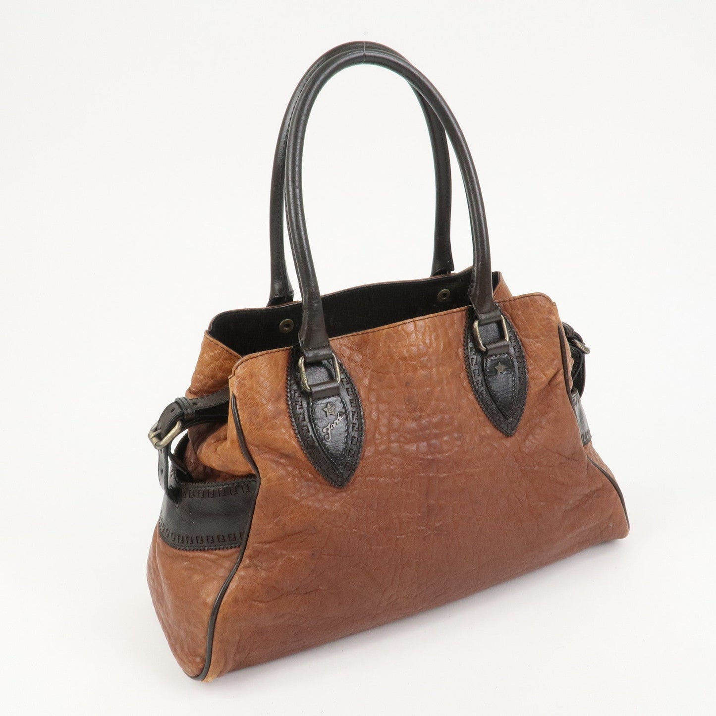 FENDI Etonico Logo Leather Tote Bag Shoulder Brown 8BN162