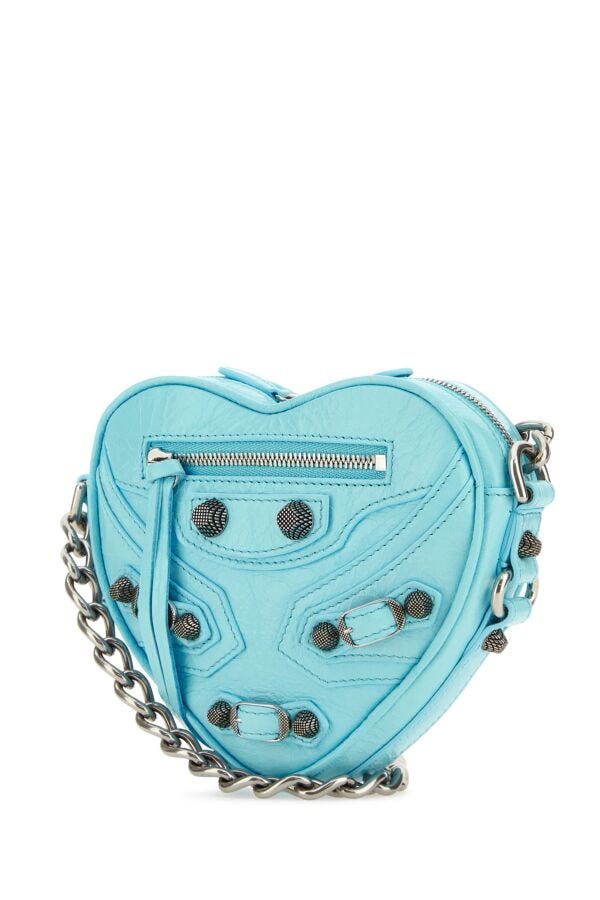Balenciaga Woman Light Blue Leather Mini Le Cagole Heart Crossbody Bag