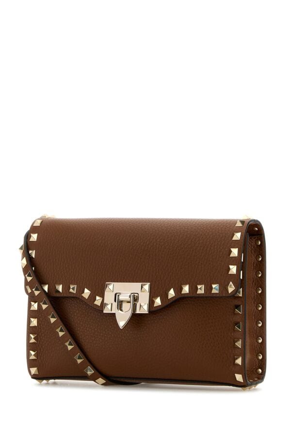 Valentino Garavani Woman Brown Leather Small Rockstud Crossbody Bag