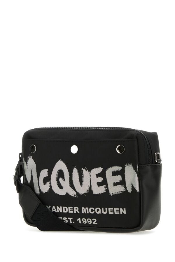 Alexander Mcqueen Man Black Fabric Mcqueen Graffiti Crossbody Bag