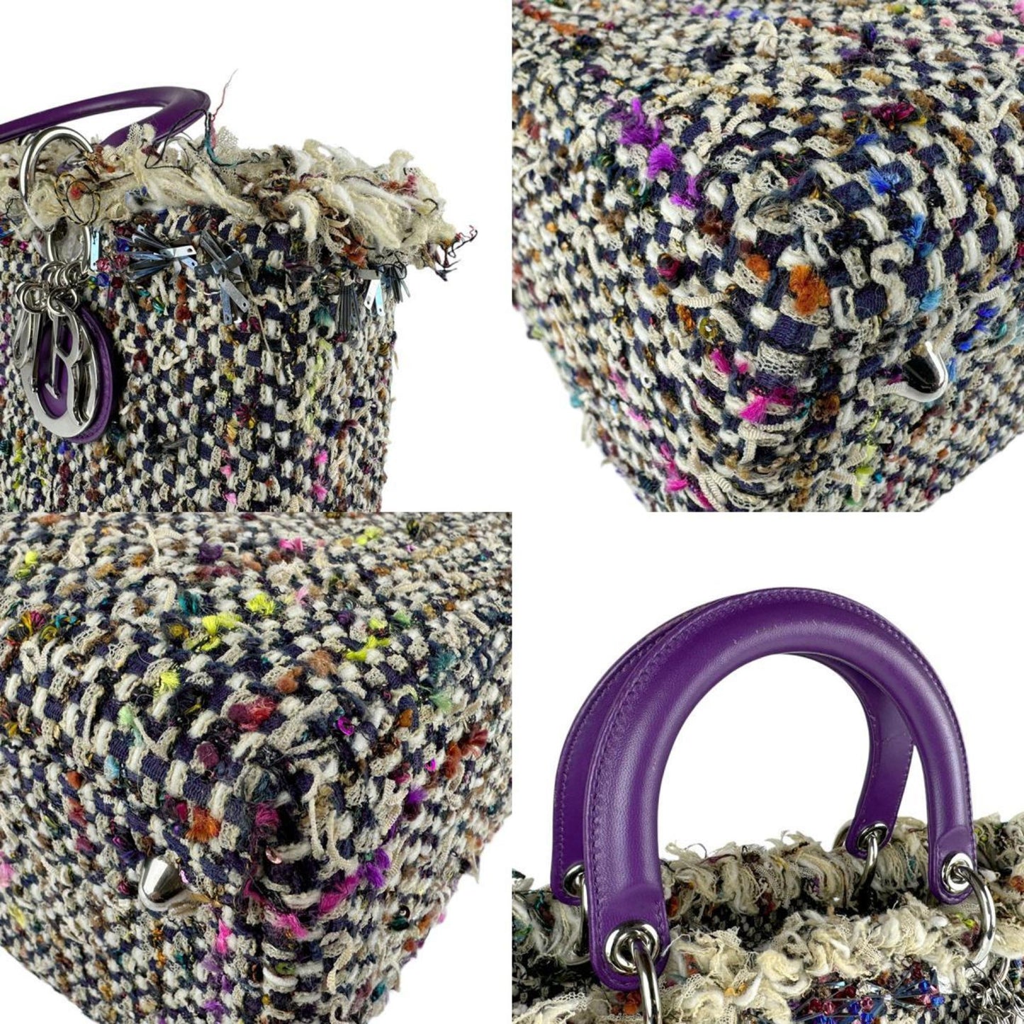 Christian Dior Multi-Color Purple Tweed Leather Handbag Shoulder Bag
