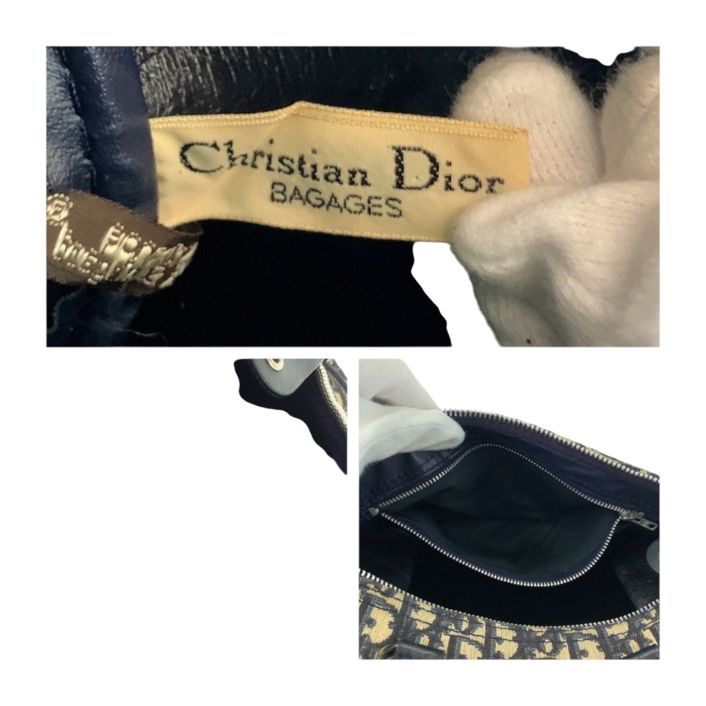 Christian Dior Ivory Navy Canvas Boston Bag Handbag