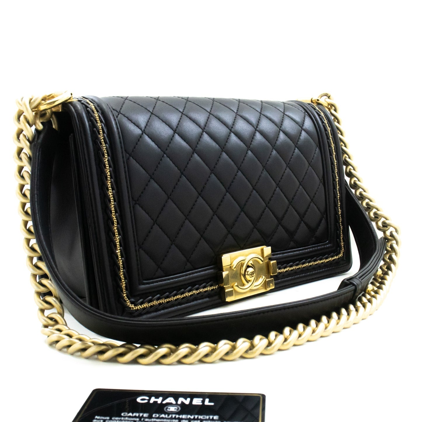 Chanel Boy Chain Shoulder Bag Black Quilted Flap Lambskin Leather