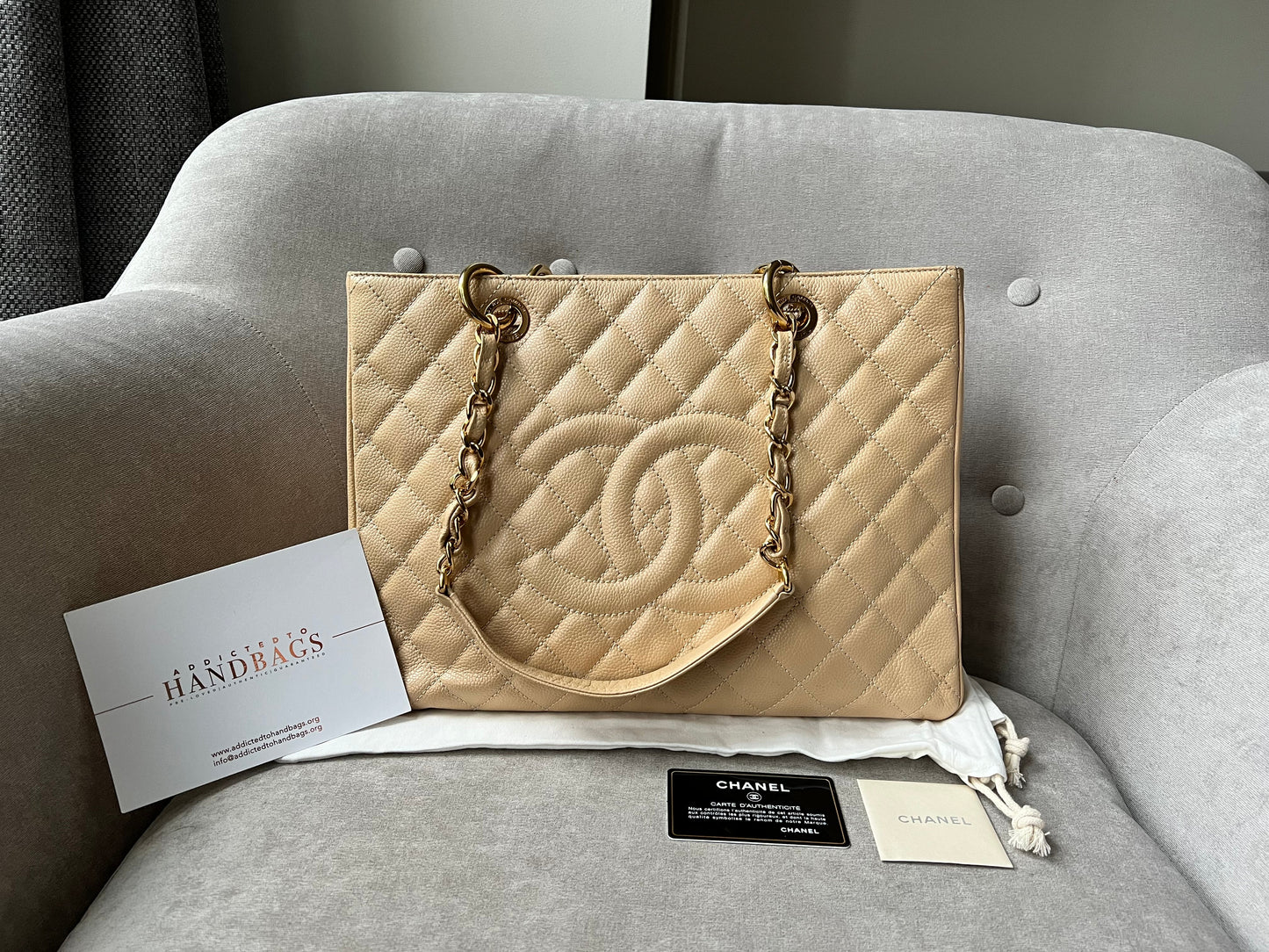 Chanel Caviar Beige Gold Luxury Tote