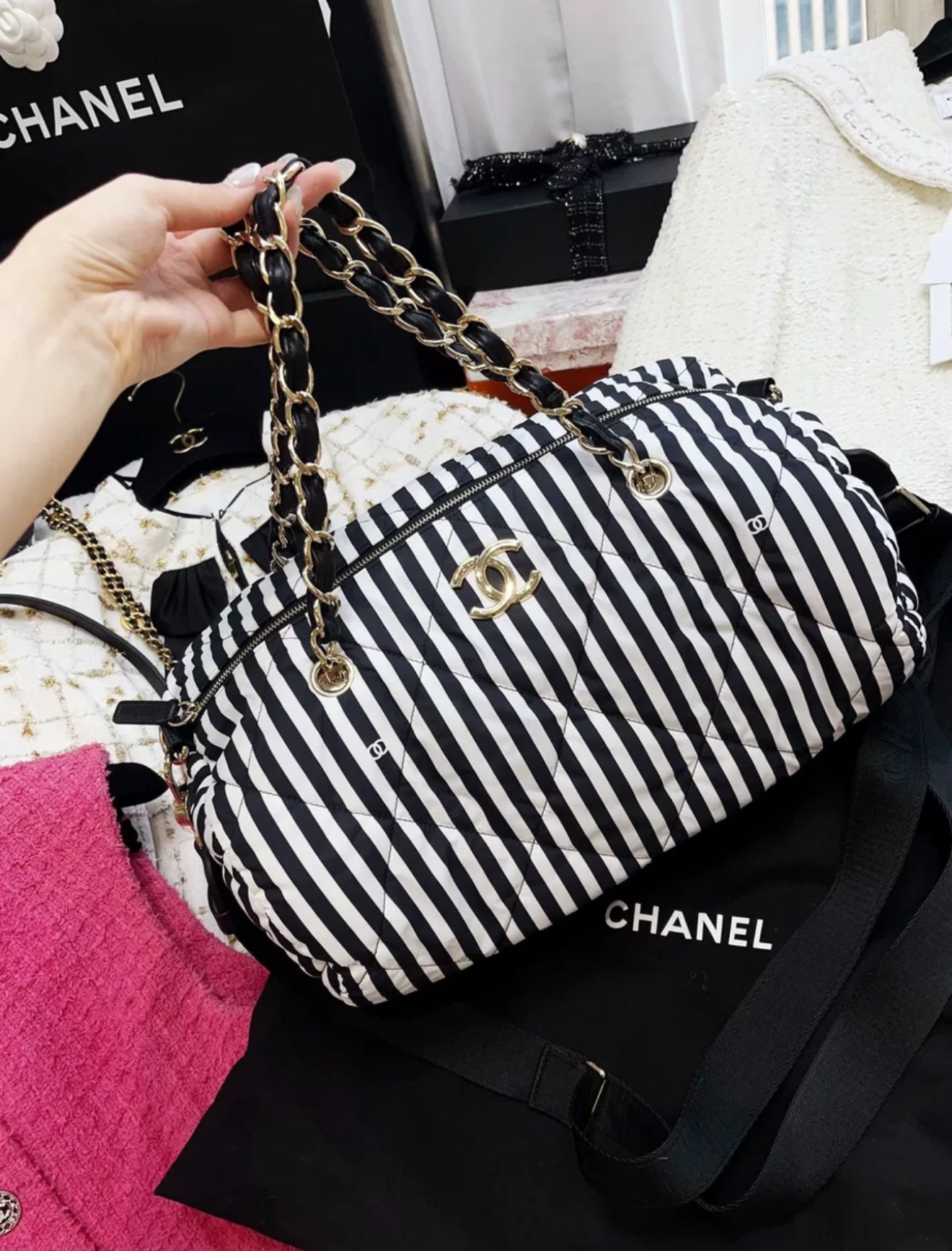 Chanel 24M Coco Beach Black And White Striped Bowling Bag