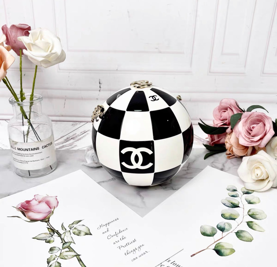 Chanel Black And White Resin And Enamel Checker Sphere Minaudiere Pale Gold Hardware 2023
