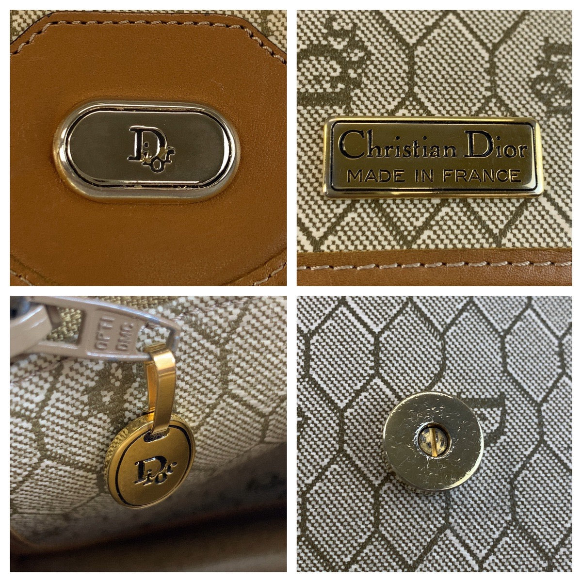 Christian Dior Shoulder Bag PVC Beige Brown Gold Metal Honeycomb Pattern