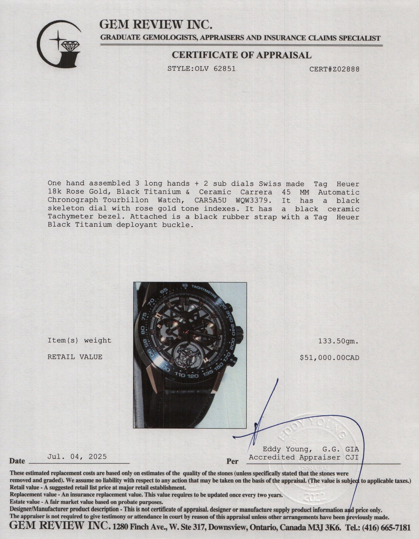 Tag Heuer 18k Rose Gold, Black Titanium & Ceramic Carrera 45 MM Automatic Chronograph Tourbillon Watch CAR5A5U w/ Box & Papers