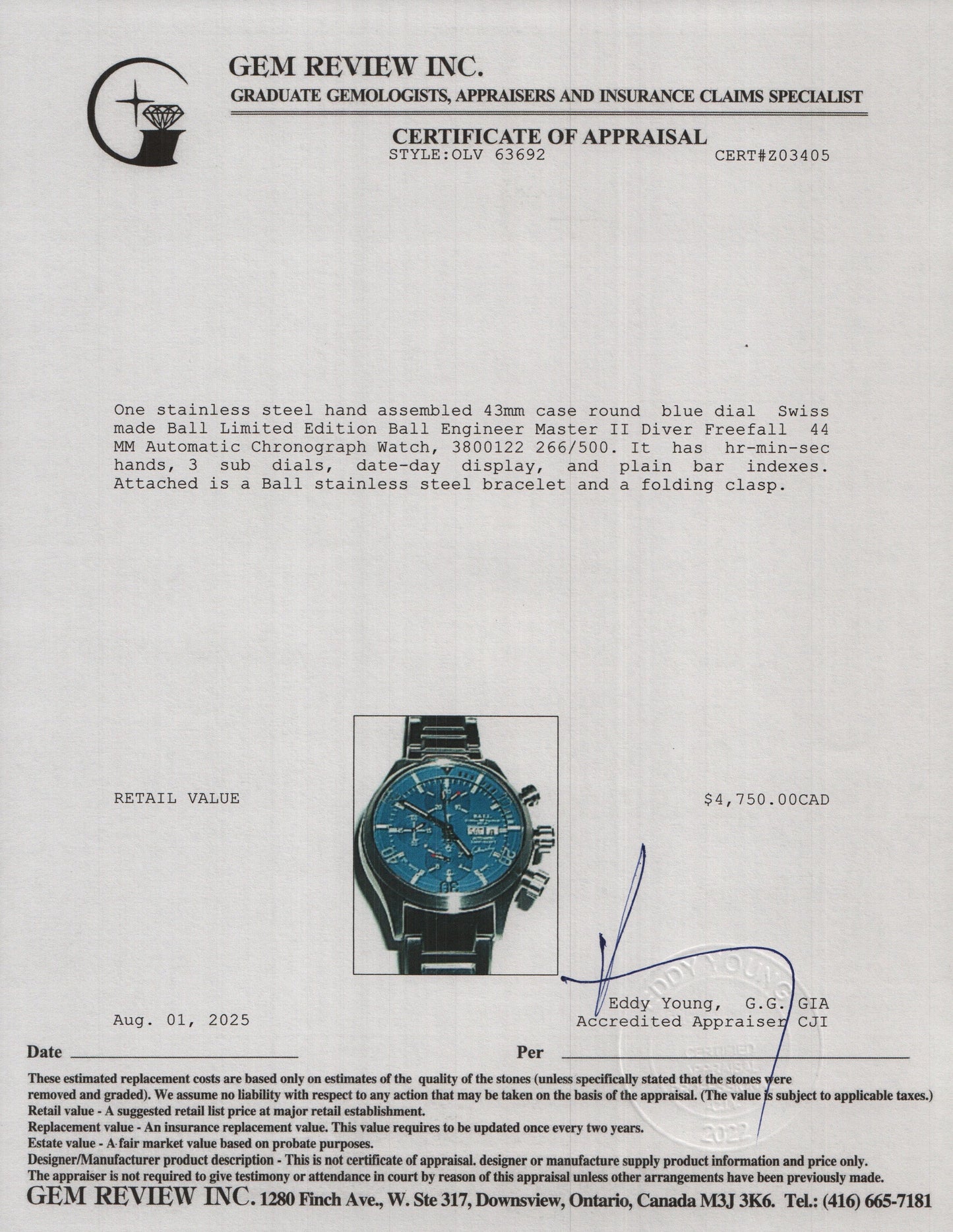 Ball Limited Edition Stainless Steel Ball Engineer Master II Diver Freefall 44 MM Automatic Chronograph Watch Blue Dial