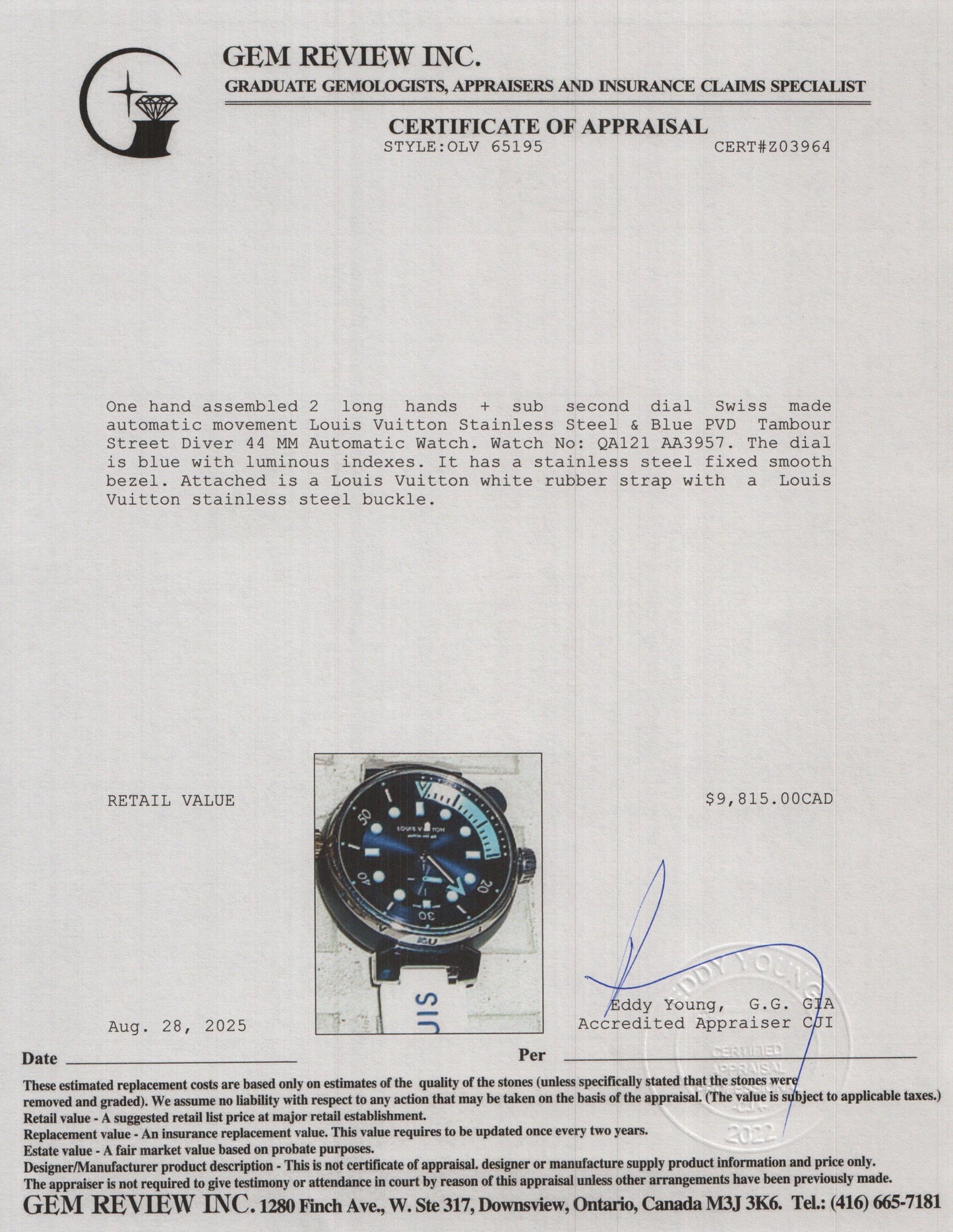 Louis Vuitton Stainless Steel & Blue PVD Tambour Street Diver 44 MM Automatic Watch QA121 w/ Box & Papers