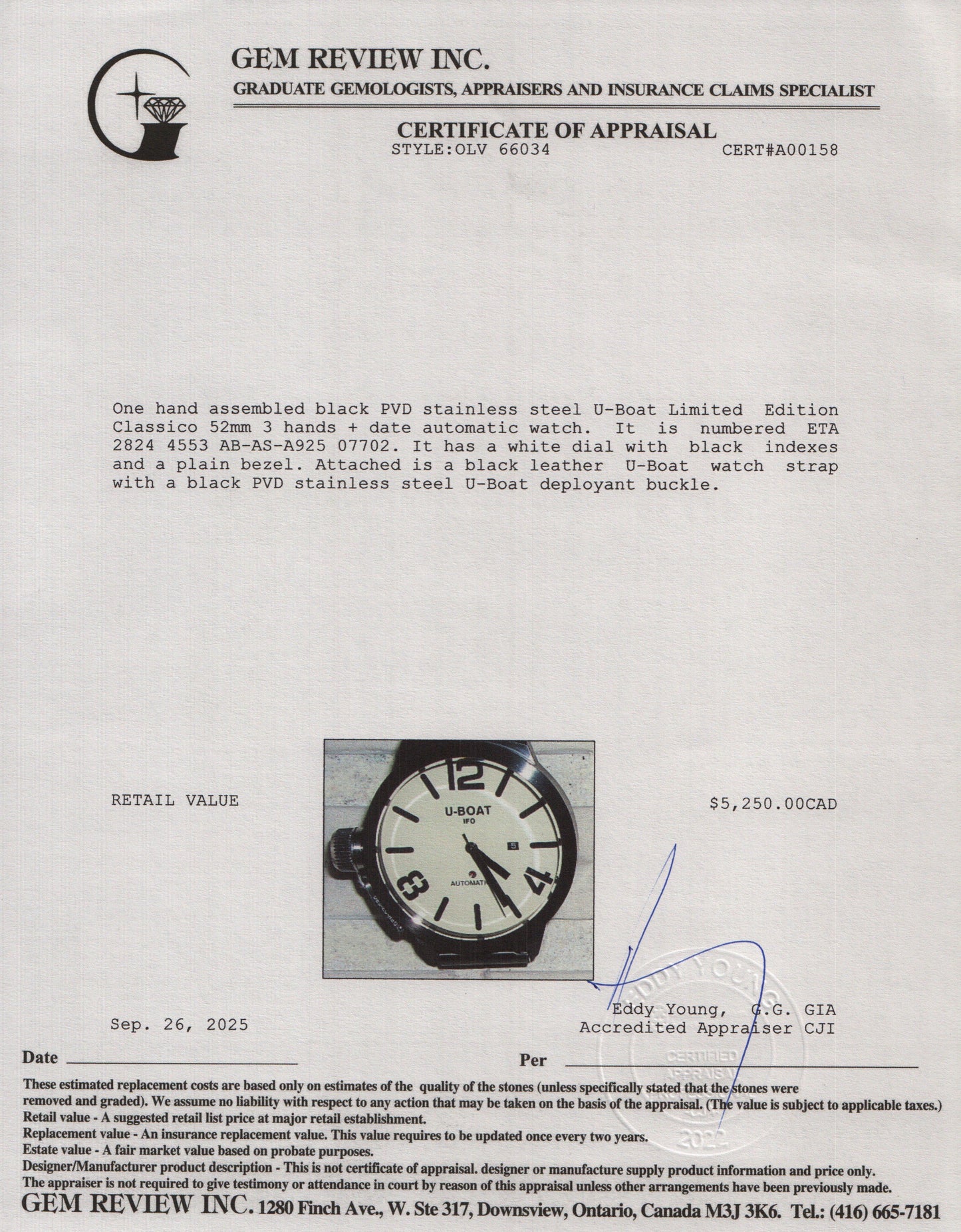 U-Boat Limited Edition Black PVD Stainless Steel Classico 52 MM Automatic Watch w/ Box & Papers