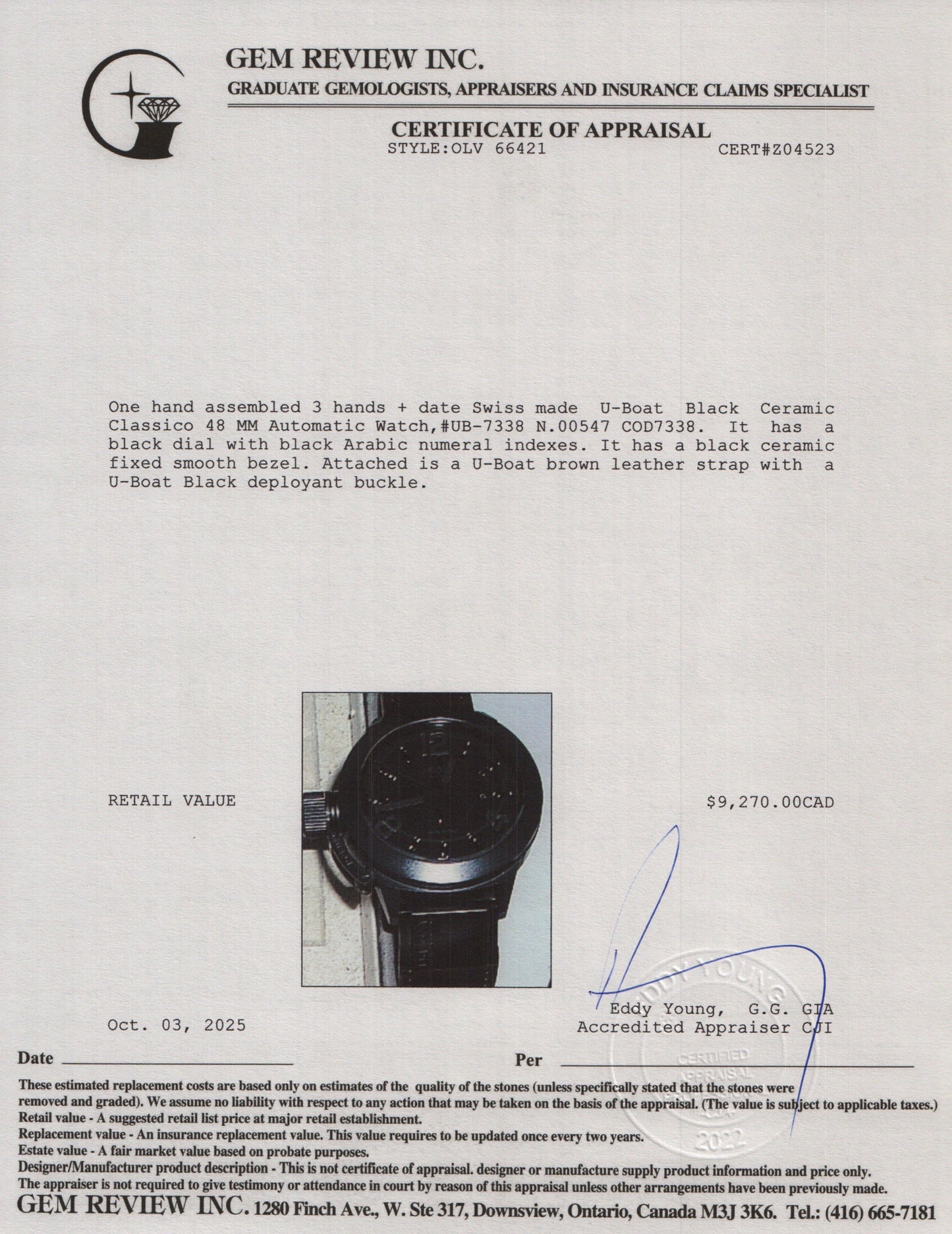 U-Boat Black Ceramic Classico 48 MM Automatic Watch Black Dial UB-7338 w/ Box & Papers