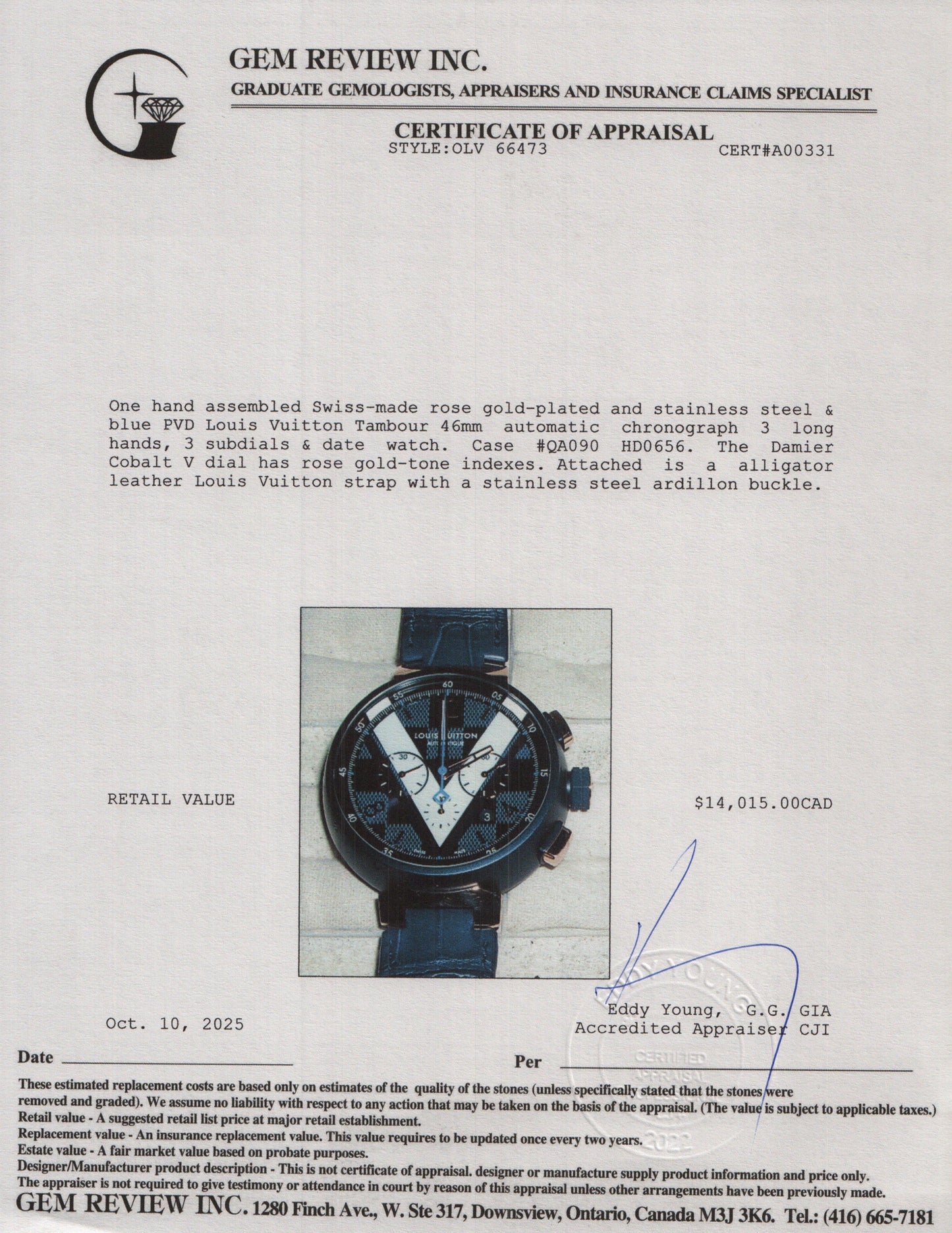 Louis Vuitton Rose Gold Plated Stainless Steel & Blue PVD Tambour 46 MM Automatic Chronograph Watch Damier Cobalt V Dial QA090 w/ Box