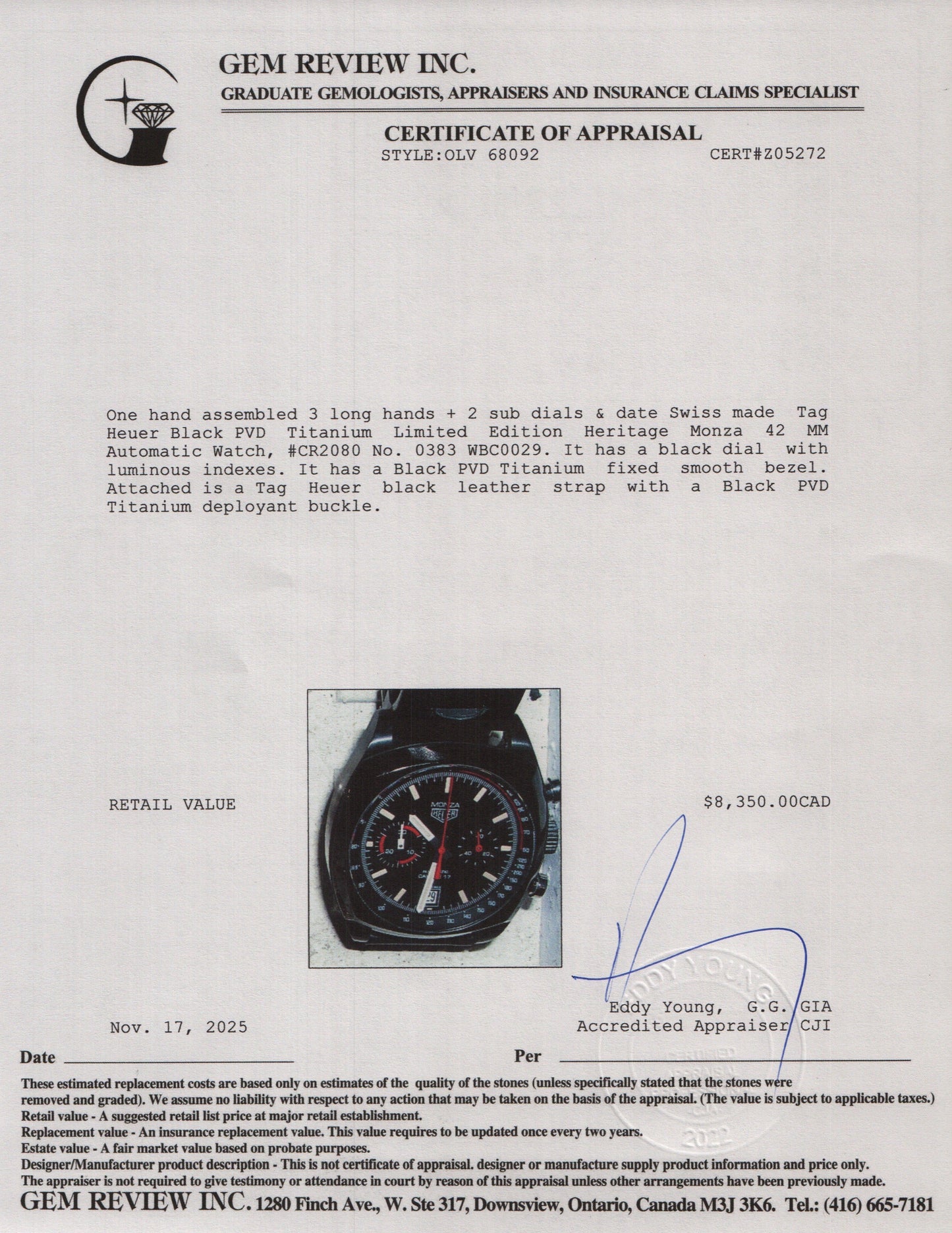 Tag Heuer Black PVD Titanium Limited Edition Heritage Monza 42 MM Automatic Watch Black Dial CR2080 w/ Box & Papers