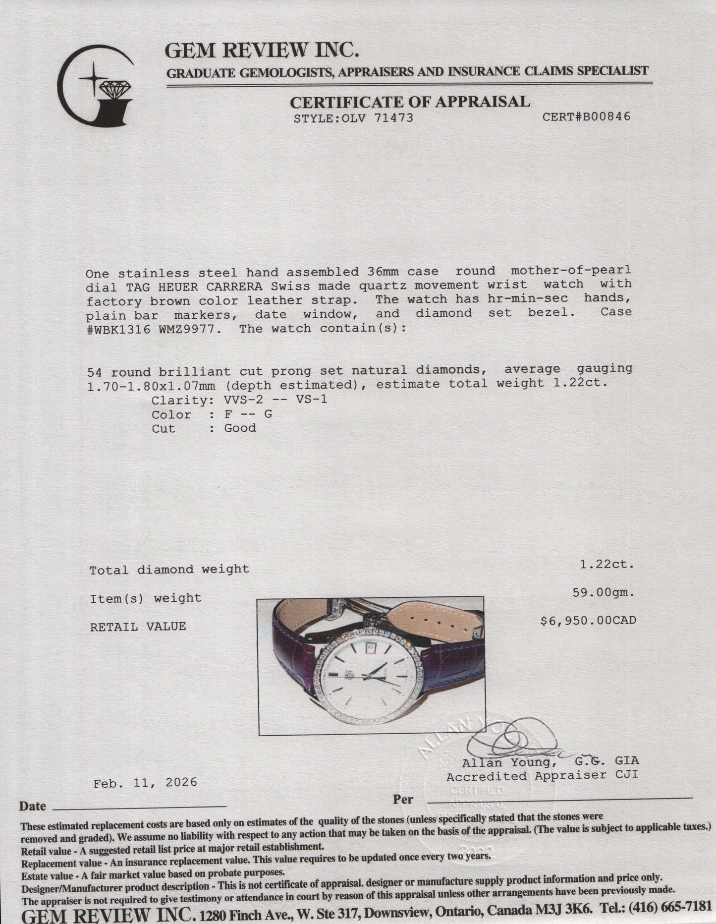 Tag Heuer Stainless Steel Diamond Bezel Carrera 36 MM Quartz Watch Mother of Pearl Dial WBK1316