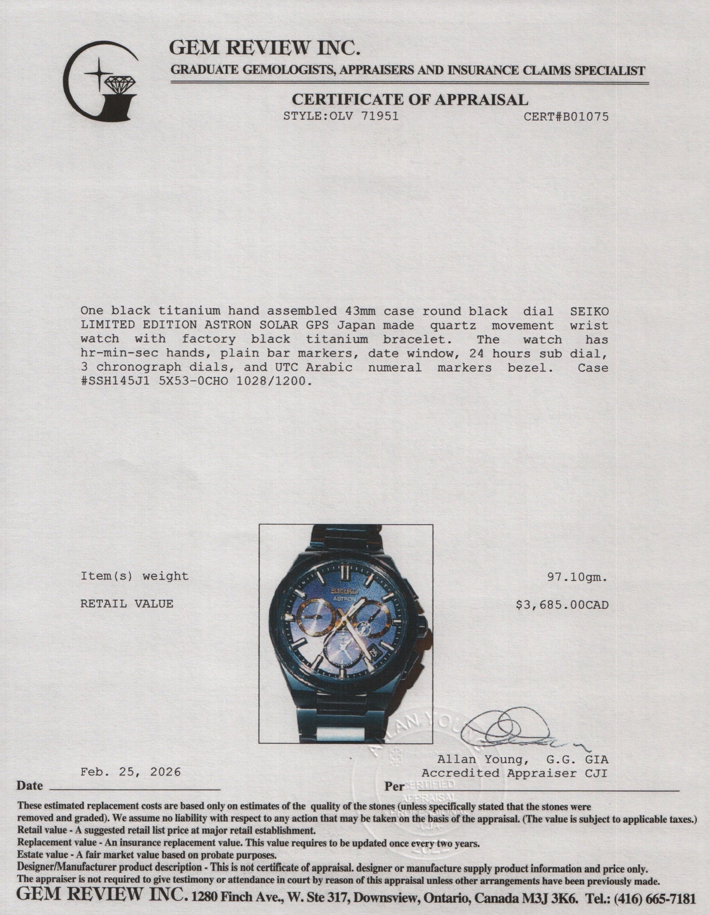 Seiko Limited Edition Black Titanium Astron Solar GPS 43 MM Chronograph Watch SSH145J1 w/ Box