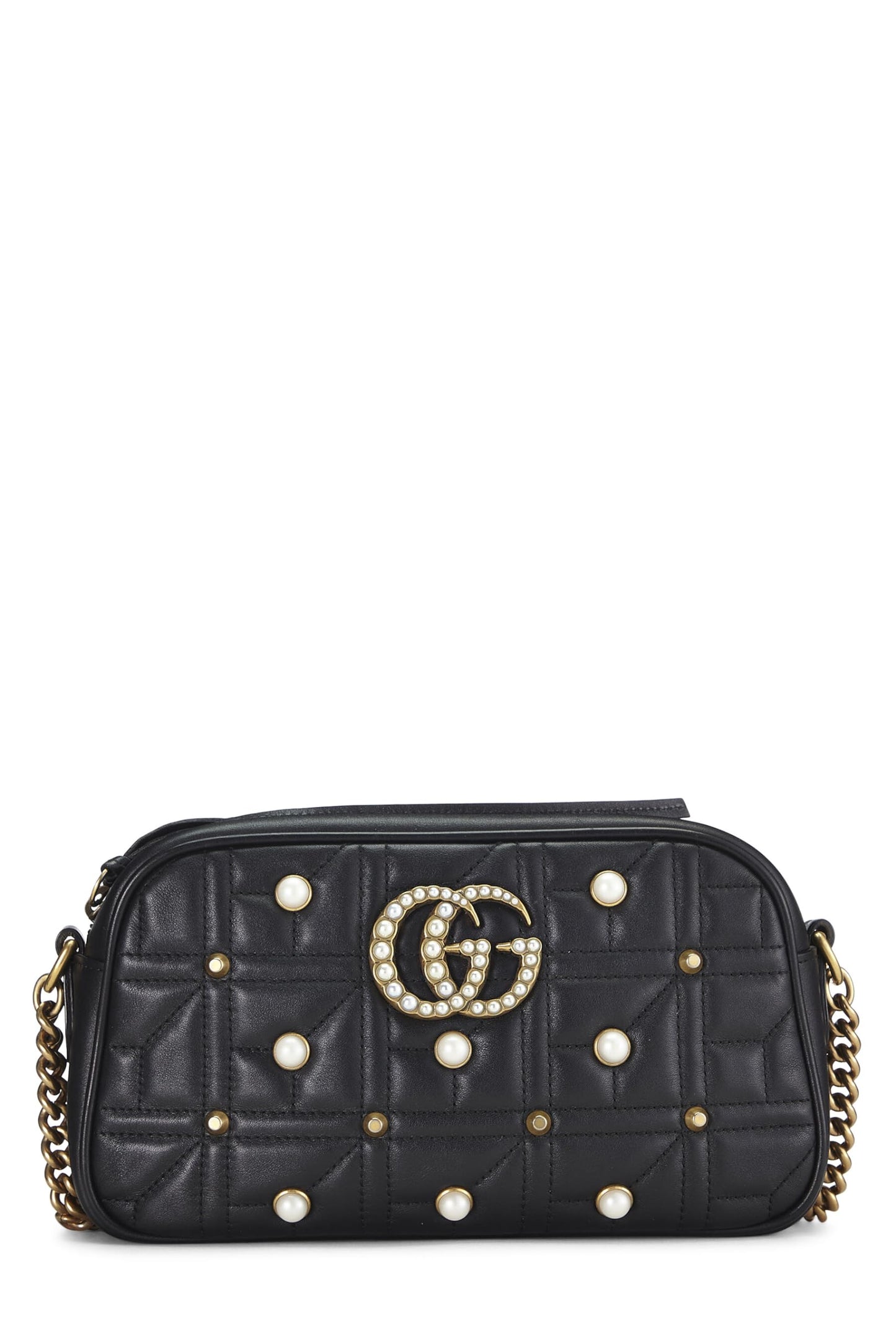 Gucci, Black Leather & Faux Pearl GG Marmont Crossbody Small, Black