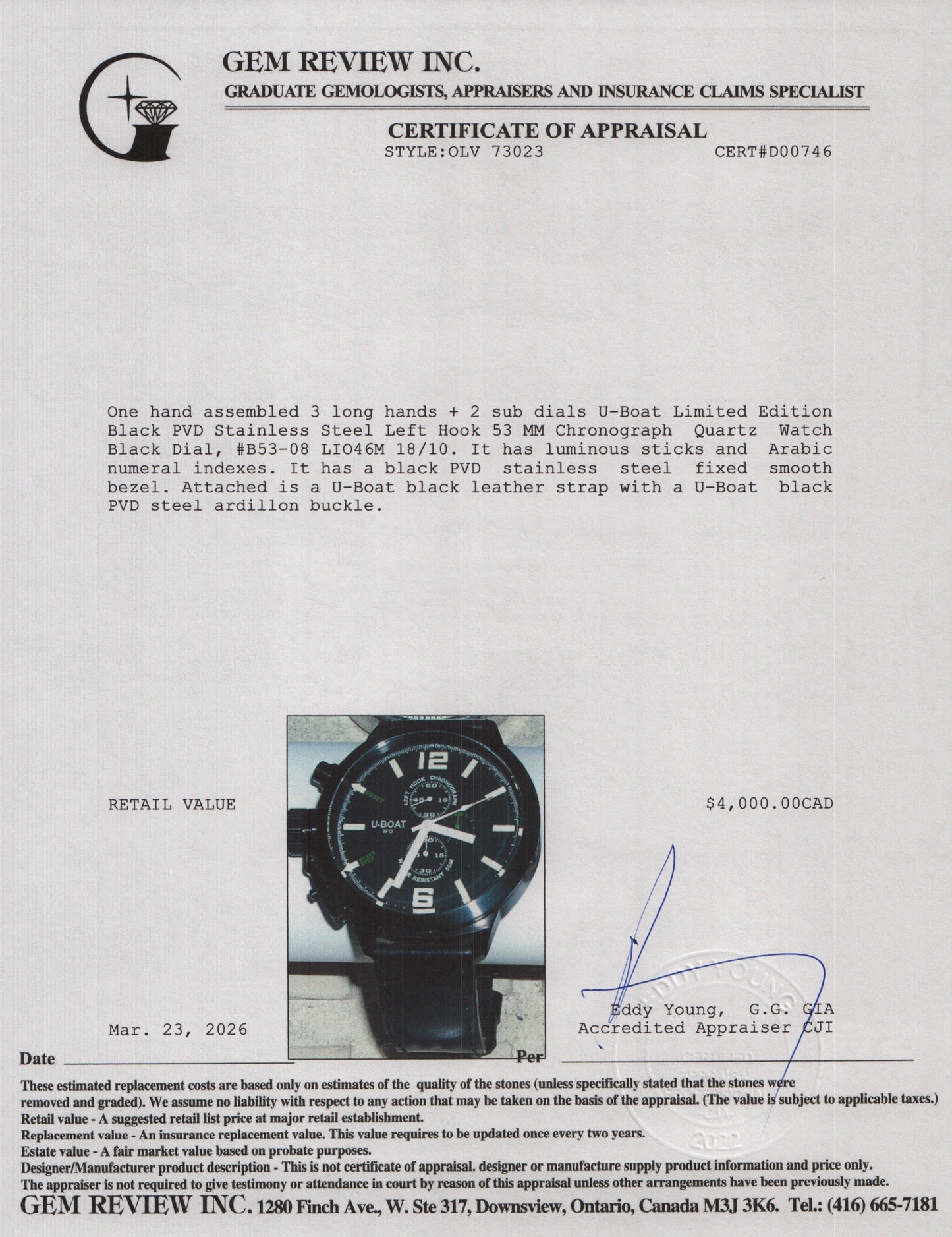 U-Boat Limited Edition Black PVD Stainless Steel Left Hook 53 MM Chronograph Quartz Watch Black Dial B53-08 w/ Box