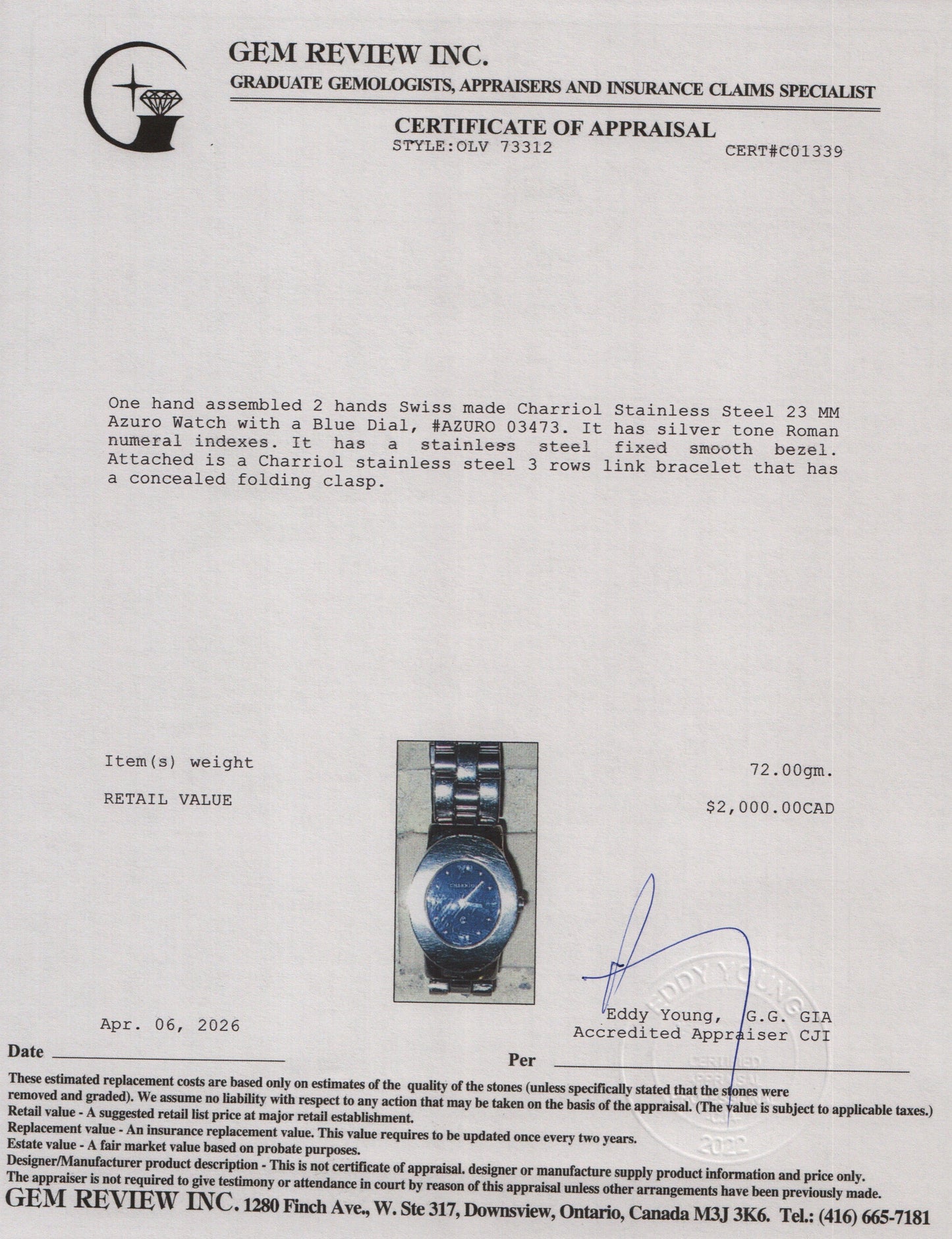 Charriol Stainless Steel 23 MM Azuro Watch Blue Dial