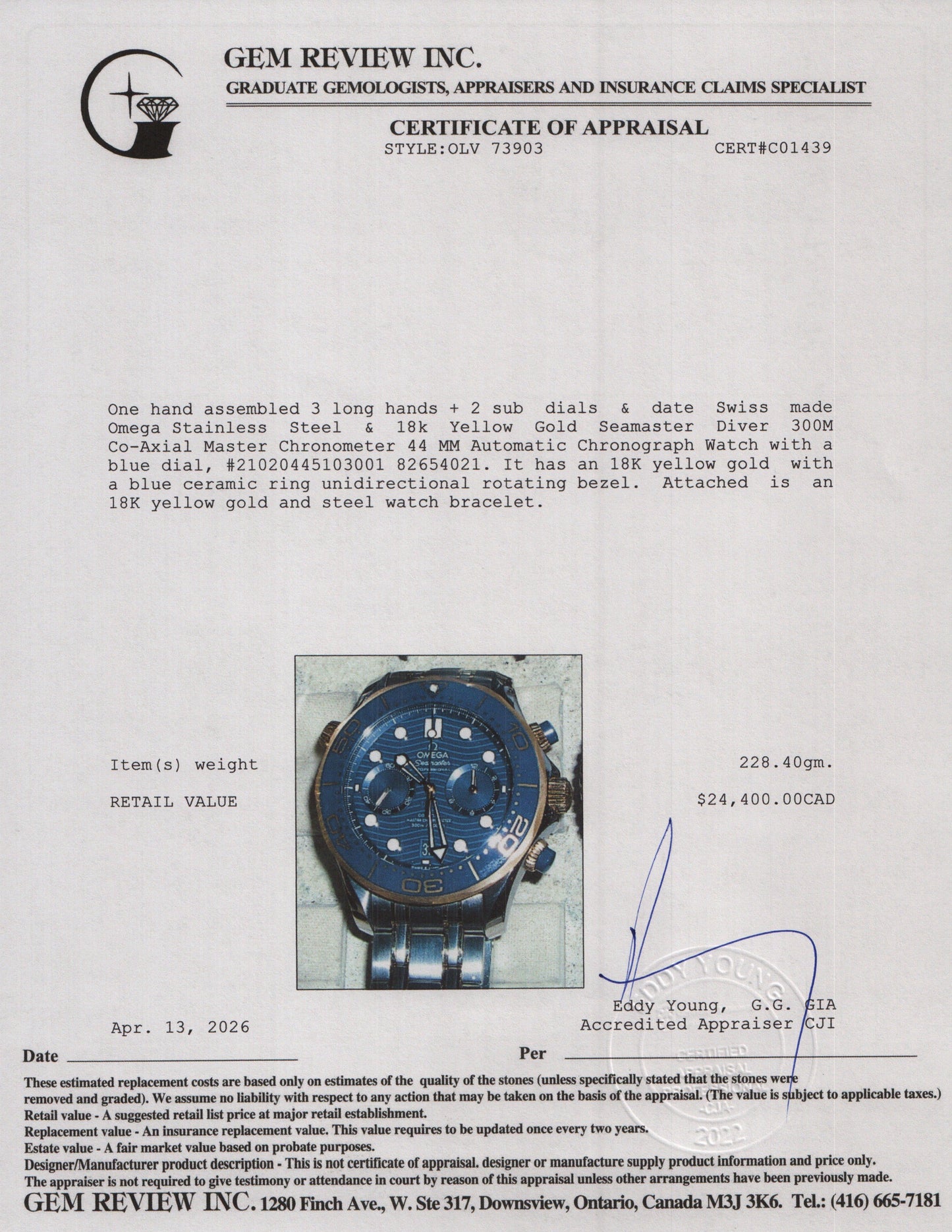 Omega 2022 Stainless Steel & 18k Yellow Gold Seamaster Diver 300M Co-Axial Master Chronometer 44 MM Automatic Chronograph Watch Blue Dial w/ Box & Papers