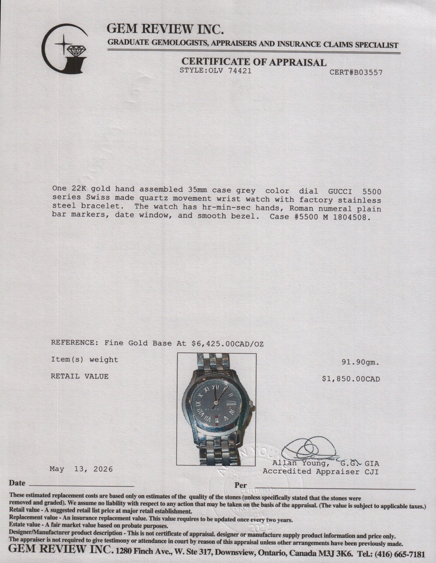 Gucci Stainless Steel 5500 Series 35 MM Quartz Watch w/ Box