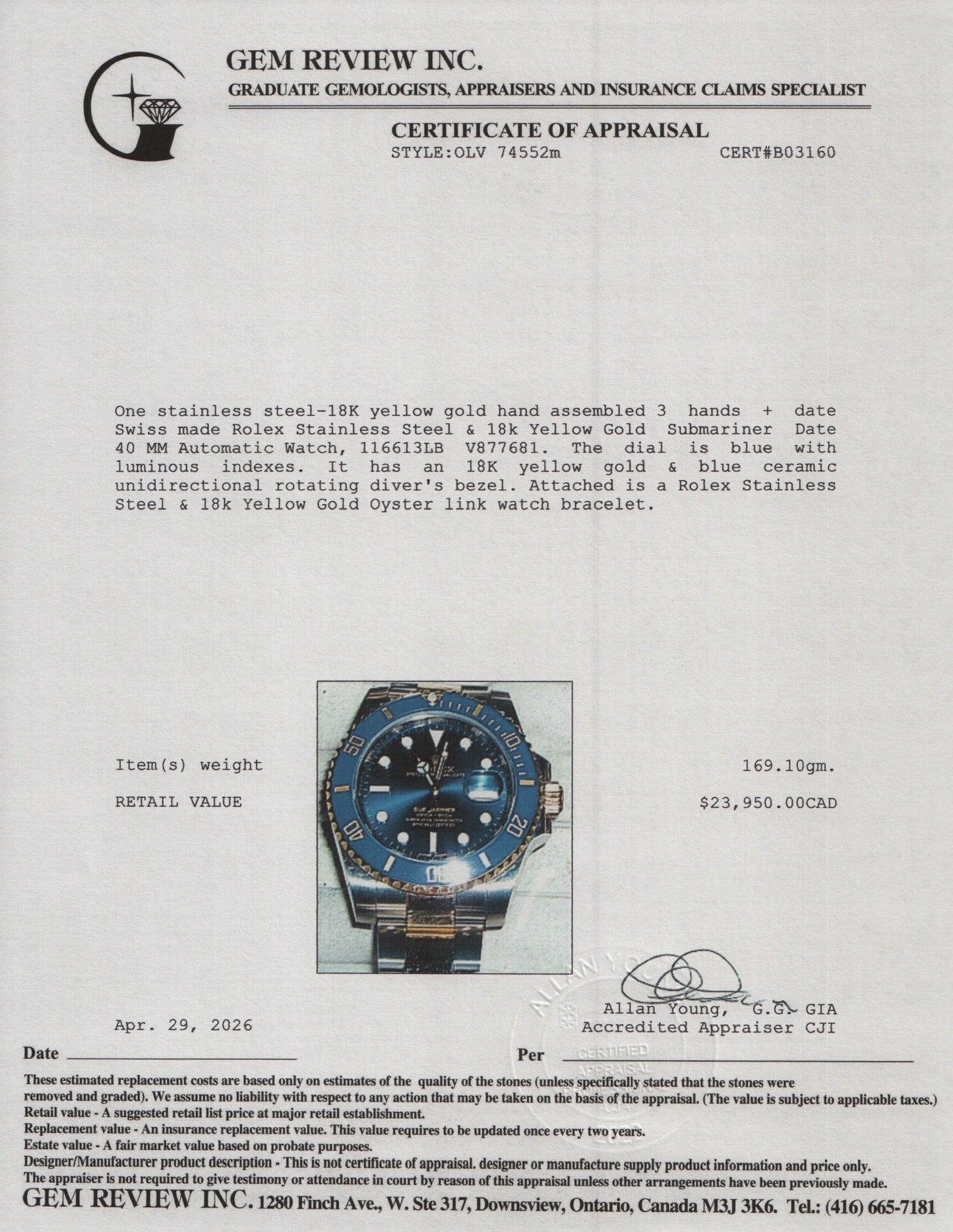 Rolex Stainless Steel & 18k Yellow Gold Submariner Date 40 MM Automatic Watch Blue Dial 116613LB w/ Box & Papers