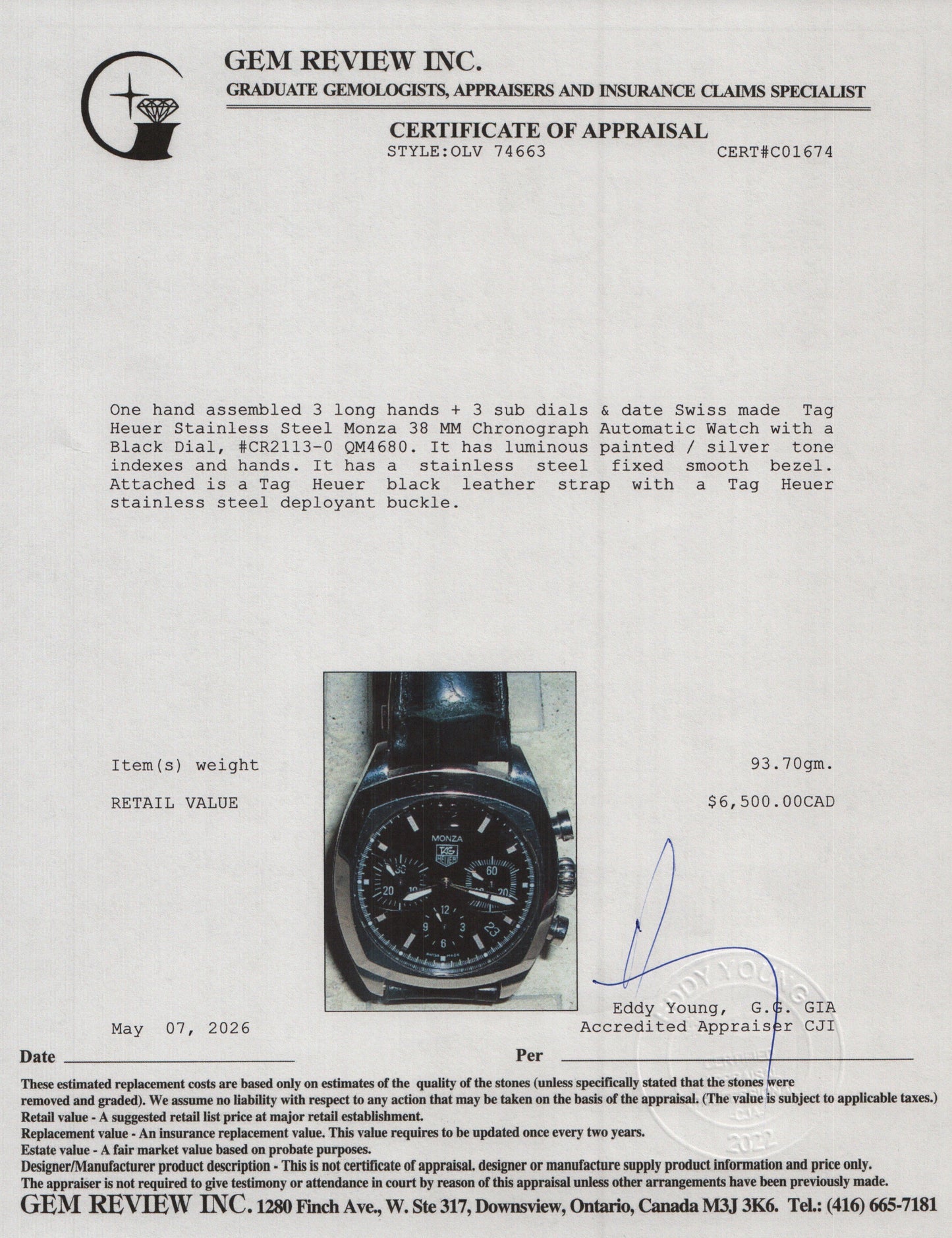 Tag Heuer Stainless Steel Monza 38 MM Chronograph Automatic Watch Black Dial CR2113-0