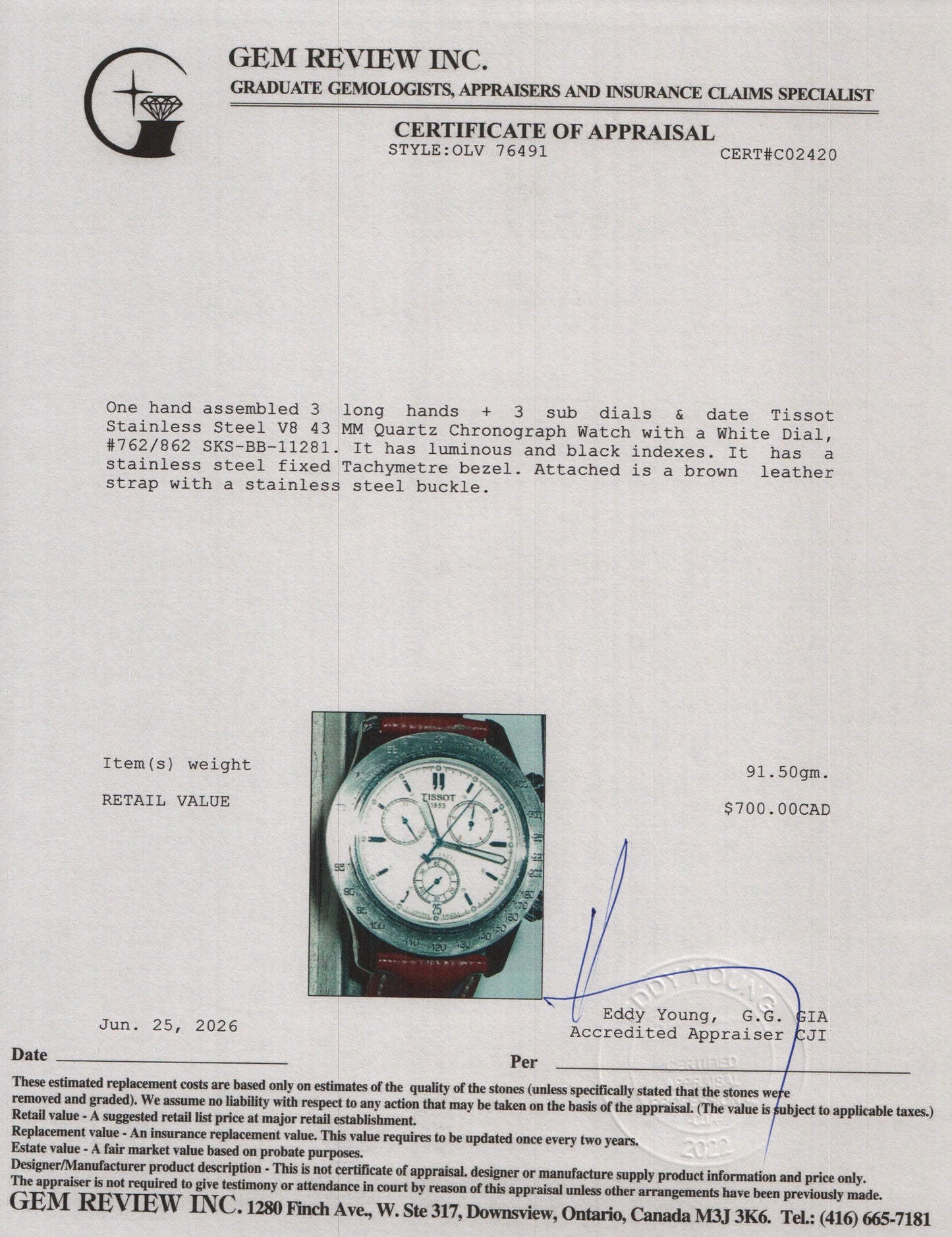 Tissot Stainless Steel V8 43 MM Quartz Chronograph Watch White Dial w/ Box