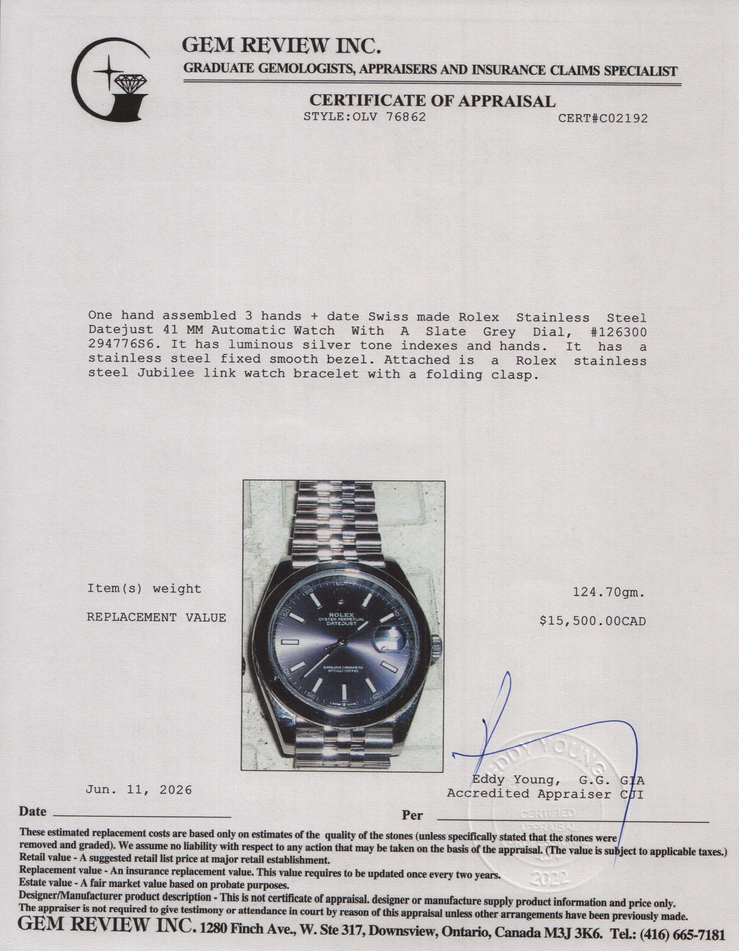 Rolex Stainless Steel Datejust 41 MM Slate Grey Dial Automatic Watch 126300 w/ Box