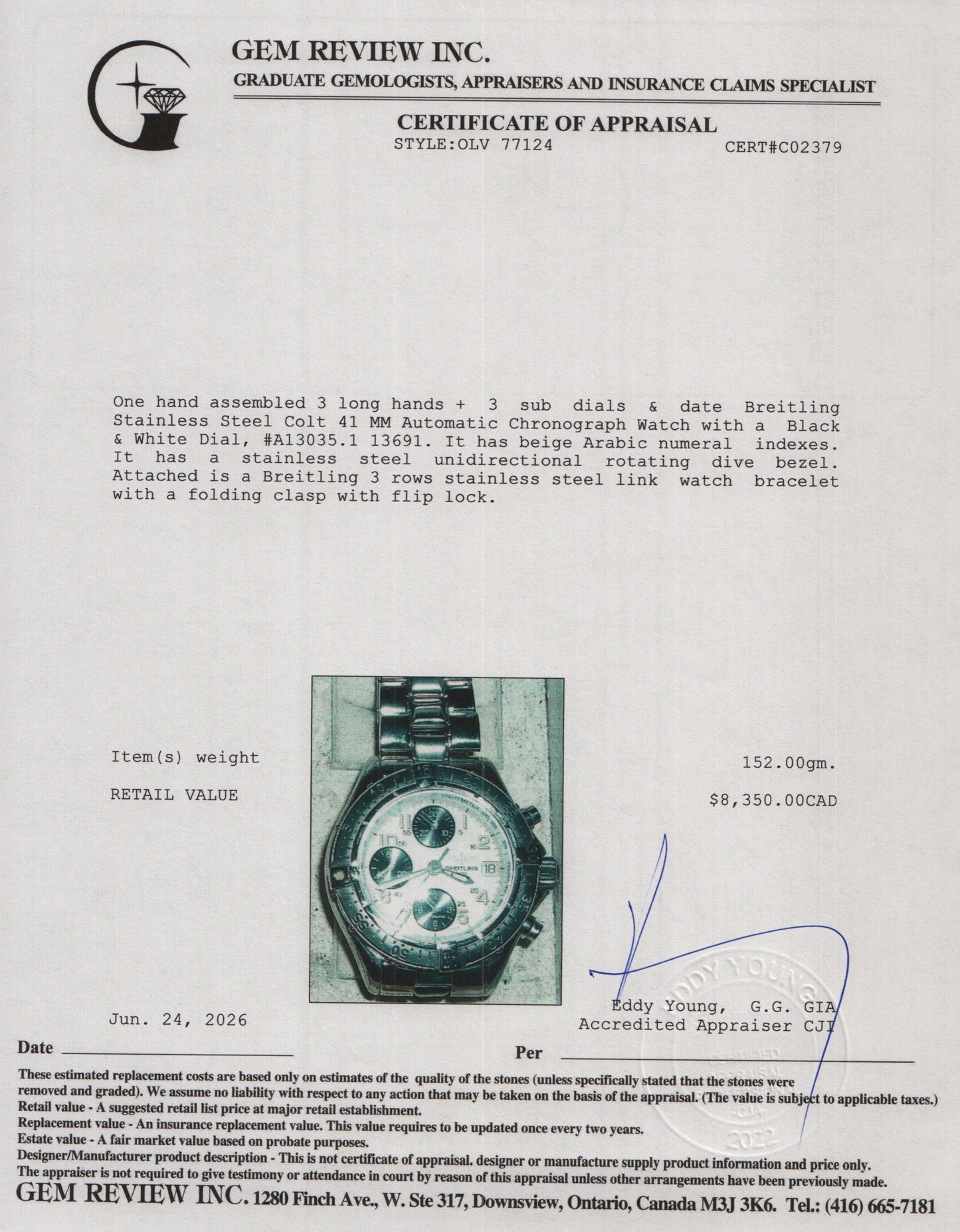 Breitling Stainless Steel Colt 41 MM Automatic Chronograph Watch Black & White Dial A13035.1 w/ Papers