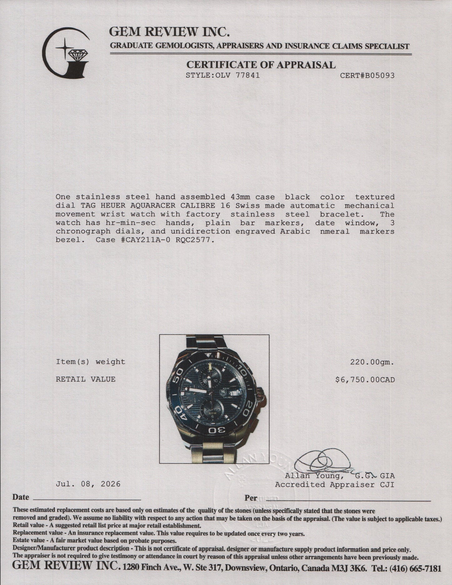 Tag Heuer Stainless Steel Aquaracer Calibre 16 43 MM Automatic Chronograph Watch Black Dial CAY211A w/ Box & Papers