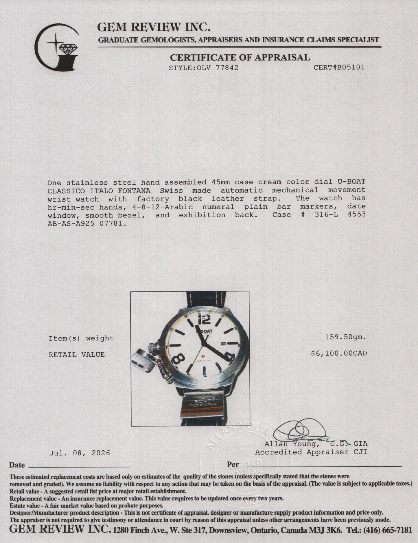 U-Boat Stainless Steel Classico Italo Fontana 45 MM Automatic Watch Creme Dial w/ Box, Papers & Extra Strap