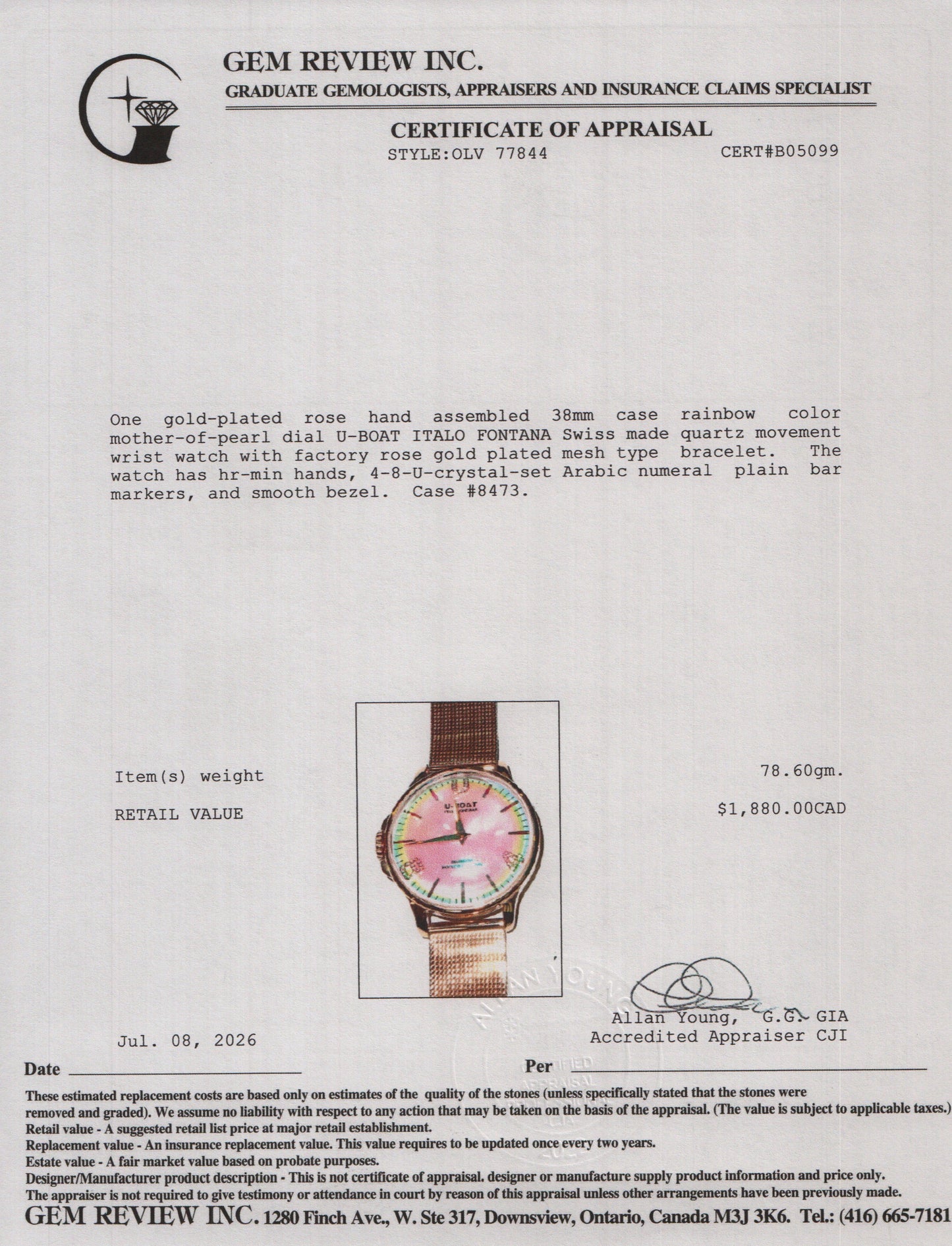 U-Boat Rose Gold-Plated Stainless Steel Italo Fontana 38 MM Quartz Watch Rainbow Mother of Pearl Dial w/ Box