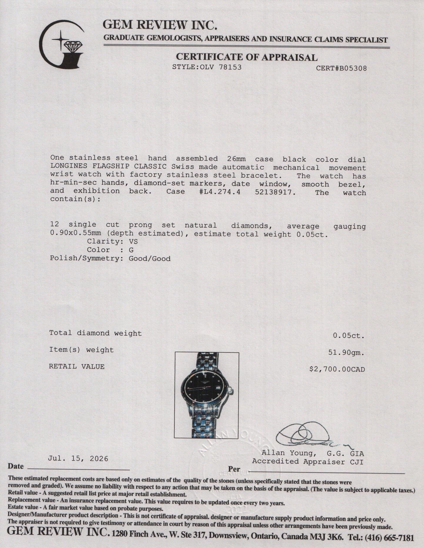 Longines 2022 Stainless Steel Flagship Classic 26 MM Automatic Watch Diamond Black Dial w/ Box & Papers