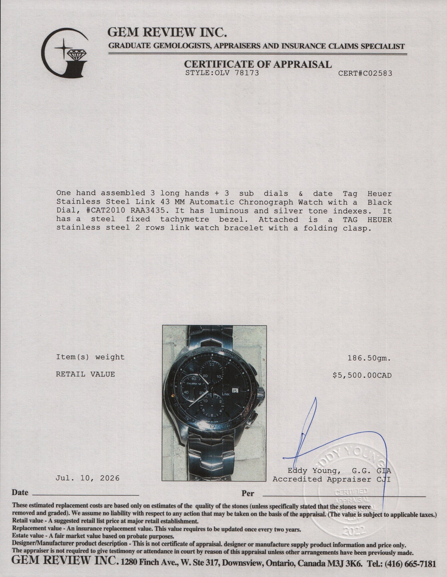 Tag Heuer Stainless Steel Link 43 MM Automatic Chronograph Watch Black Dial CAT2010