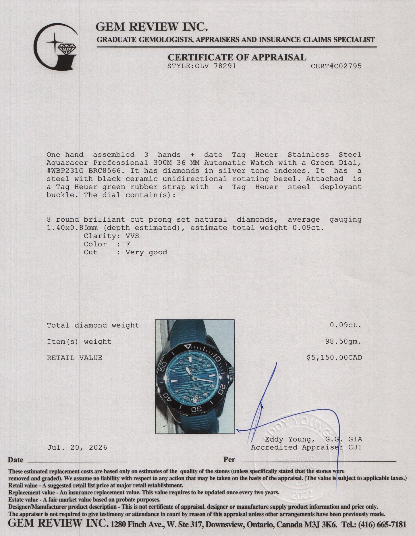 Tag Heuer Stainless Steel Aquaracer Professional 300M 36 MM Automatic Watch Diamond Green Dial WBP231G