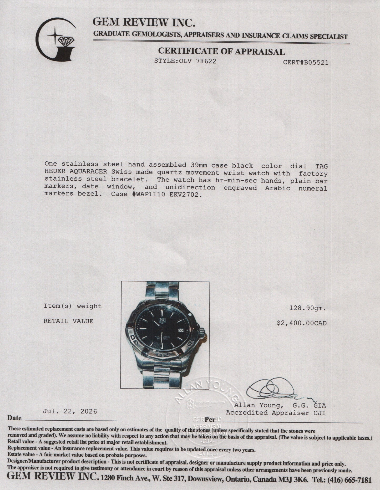 Tag Heuer Stainless Steel Aquaracer 39 MM Quartz Watch Black Dial WAP1110 w/ Box & Papers