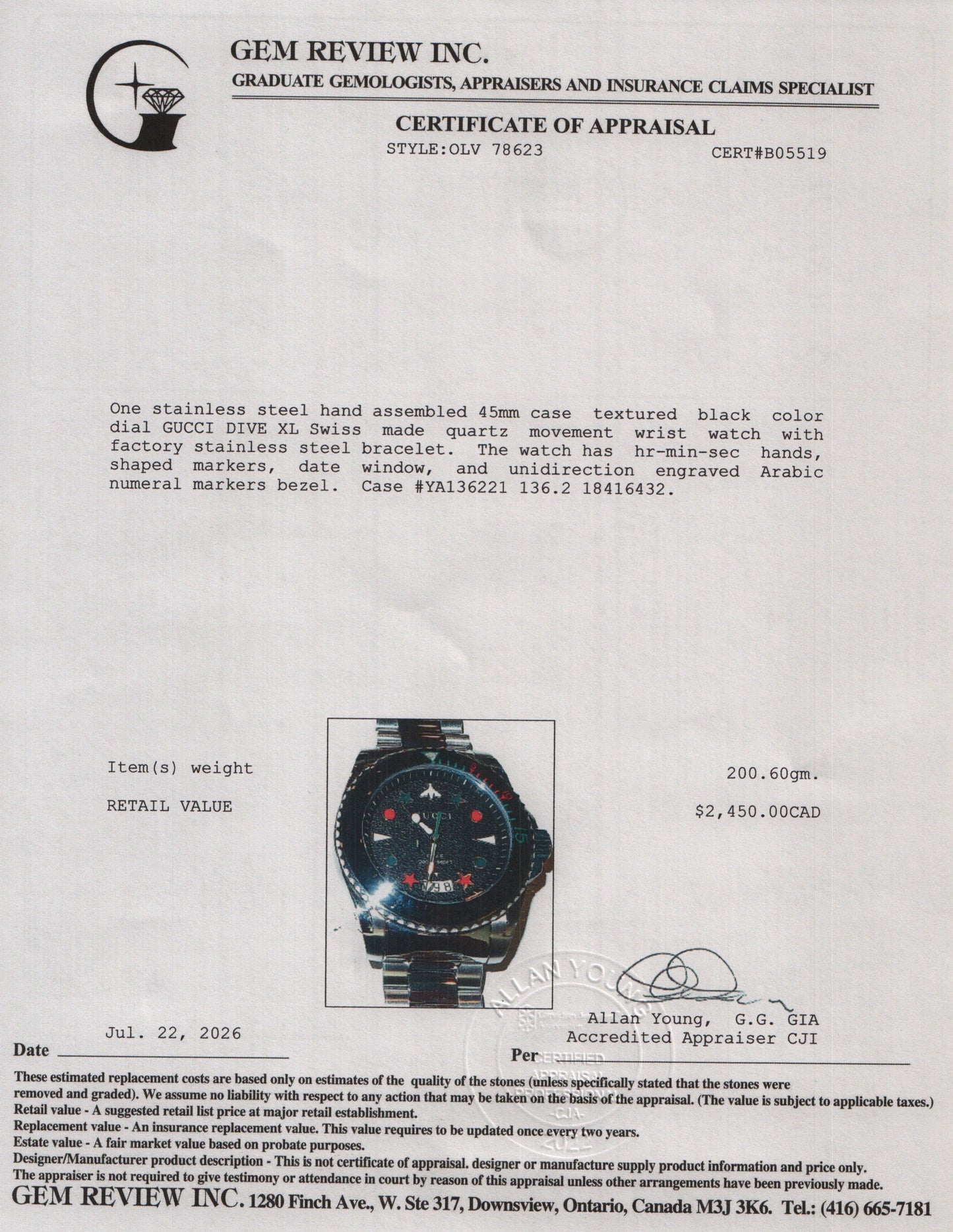 Gucci Stainless Steel Dive XL 45 MM Quartz Watch Black Dial YA136221