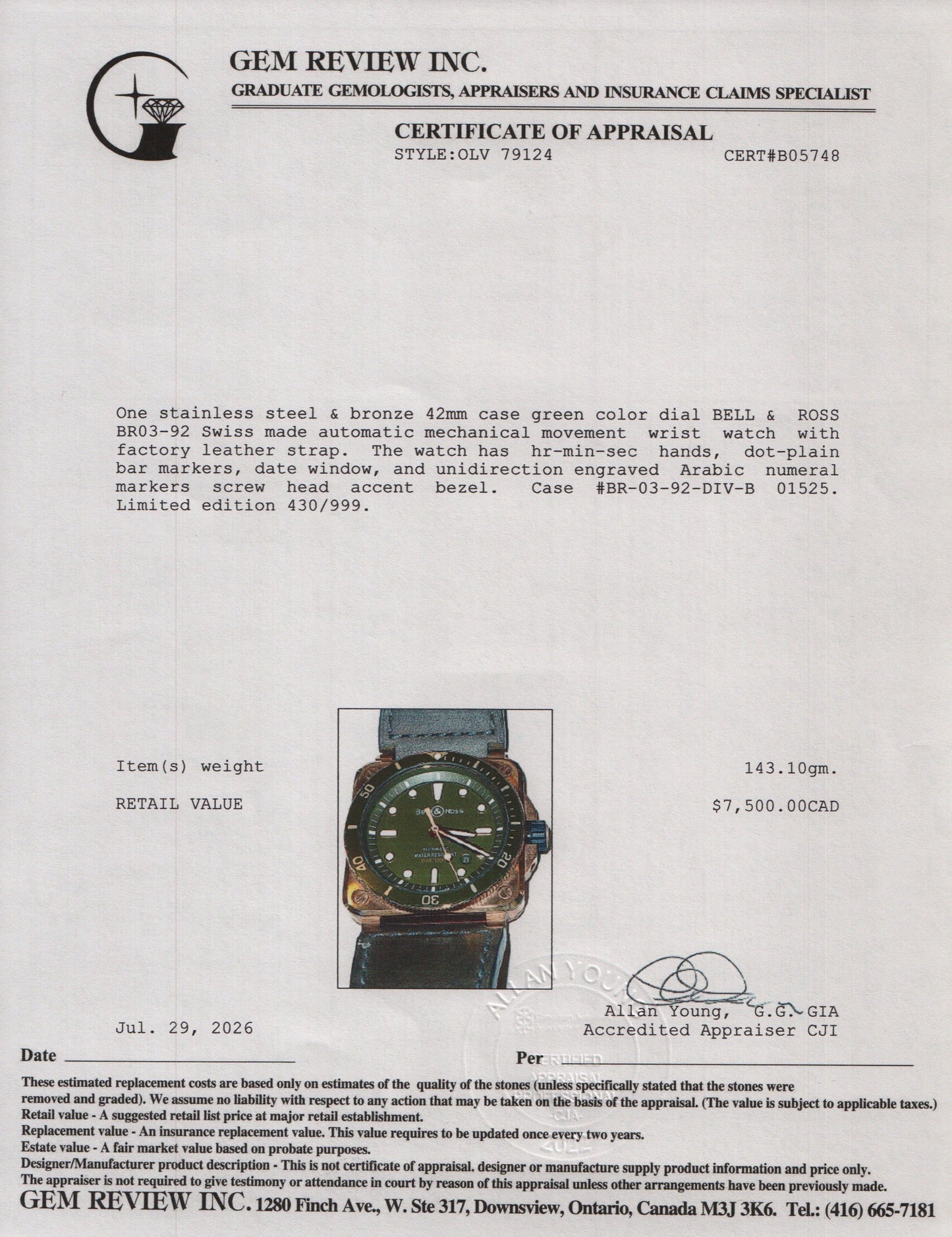 Bell & Ross Bronze & Stainless Steel BR03-92 42 MM Automatic Watch Green Dial w/ Box & Papers