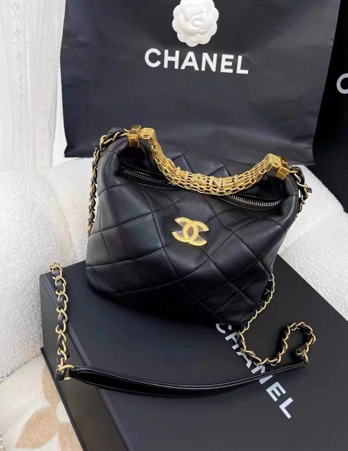 Chanel 22S Black Gold Hobo Bag