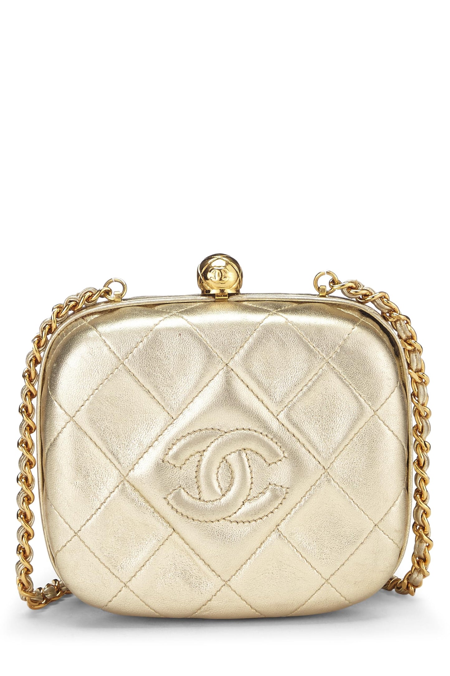 Chanel, Metallic Gold Quilted Lambskin Kiss Lock Crossbody Bag, Gold
