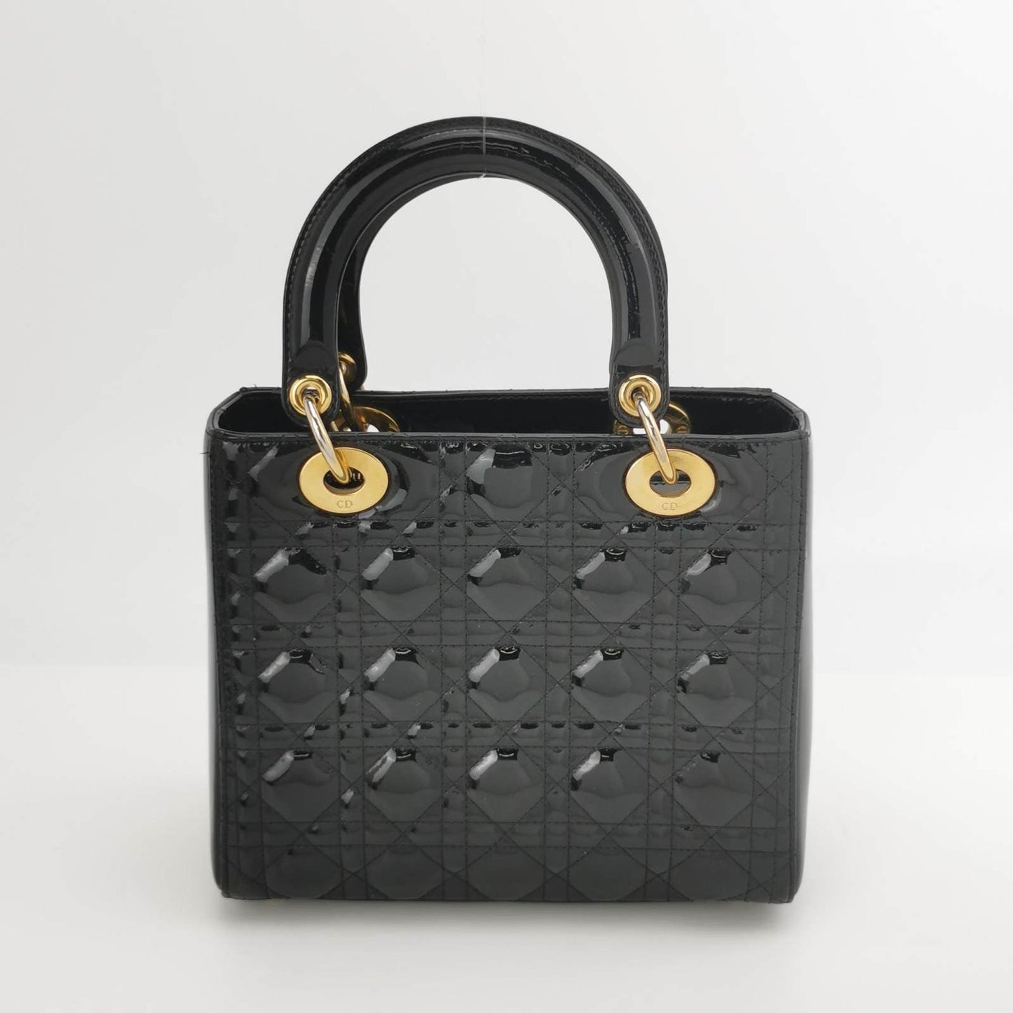 Lady Dior Medium Black Patent Leather Handbag with Gold Hardware