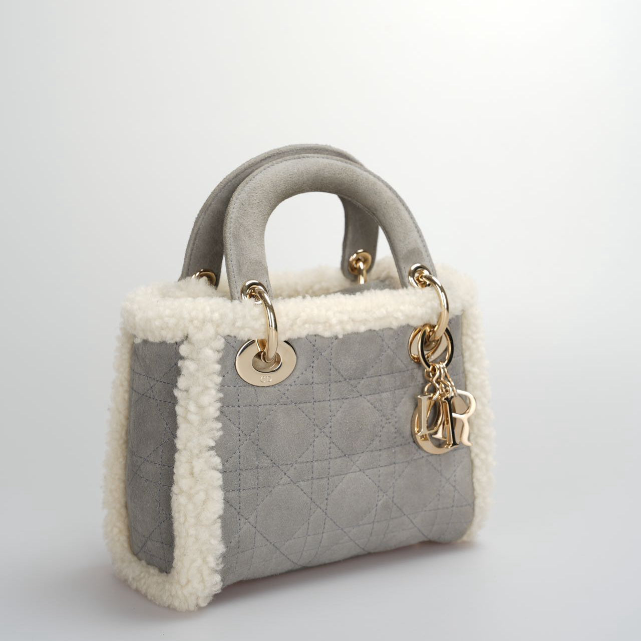 Christian Dior Lady Dior 2020 Mini Suede Shearling Cannage Lady Dior Satchel