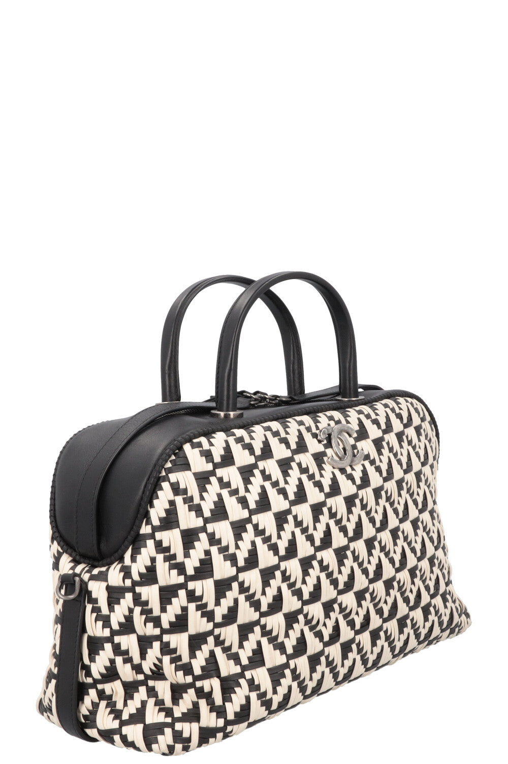 Chanel Bowling Bag Woven Leather Black White