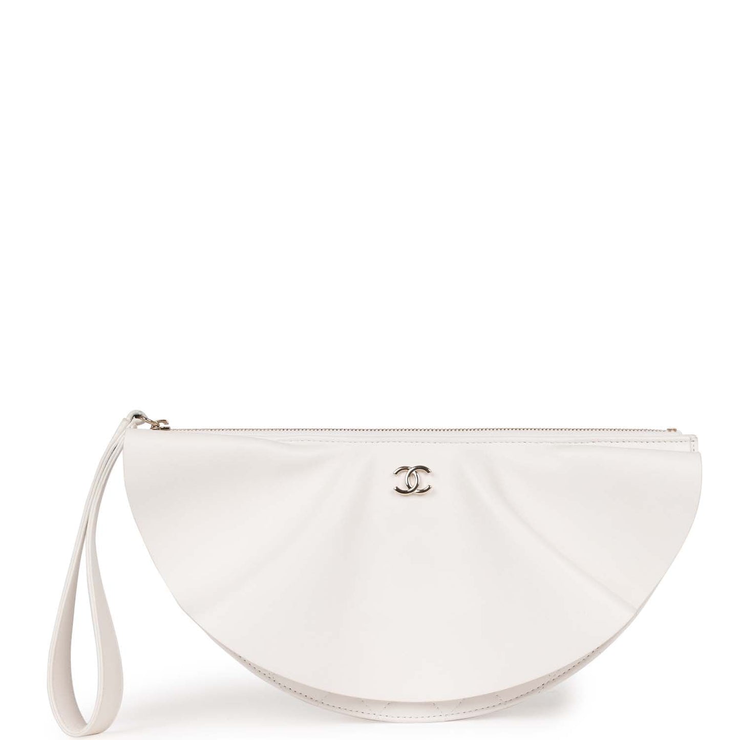 Chanel Ruffle Clutch With Wristlet White Lambskin Light Gold Hardware
