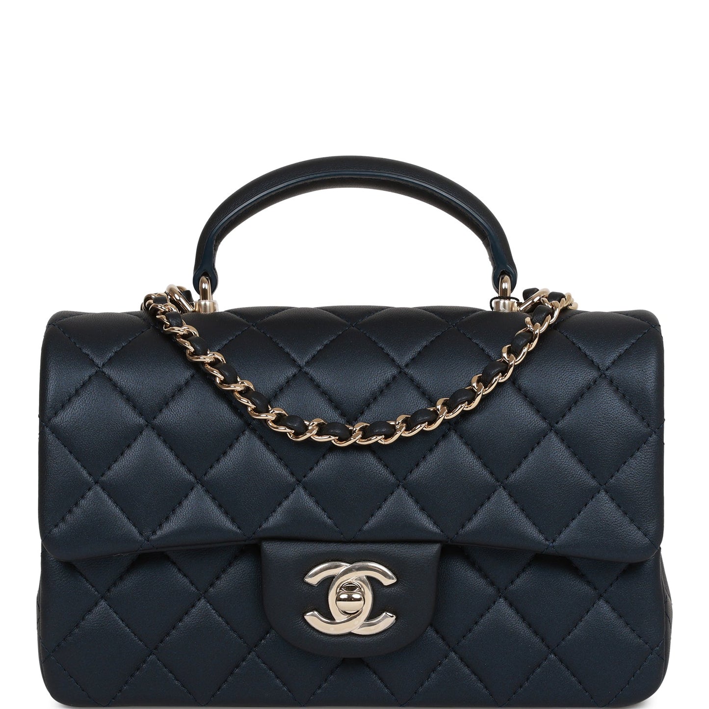 Chanel Mini Rectangular Flap Bag With Top Handle Dark Blue Lambskin Light Gold Hardware